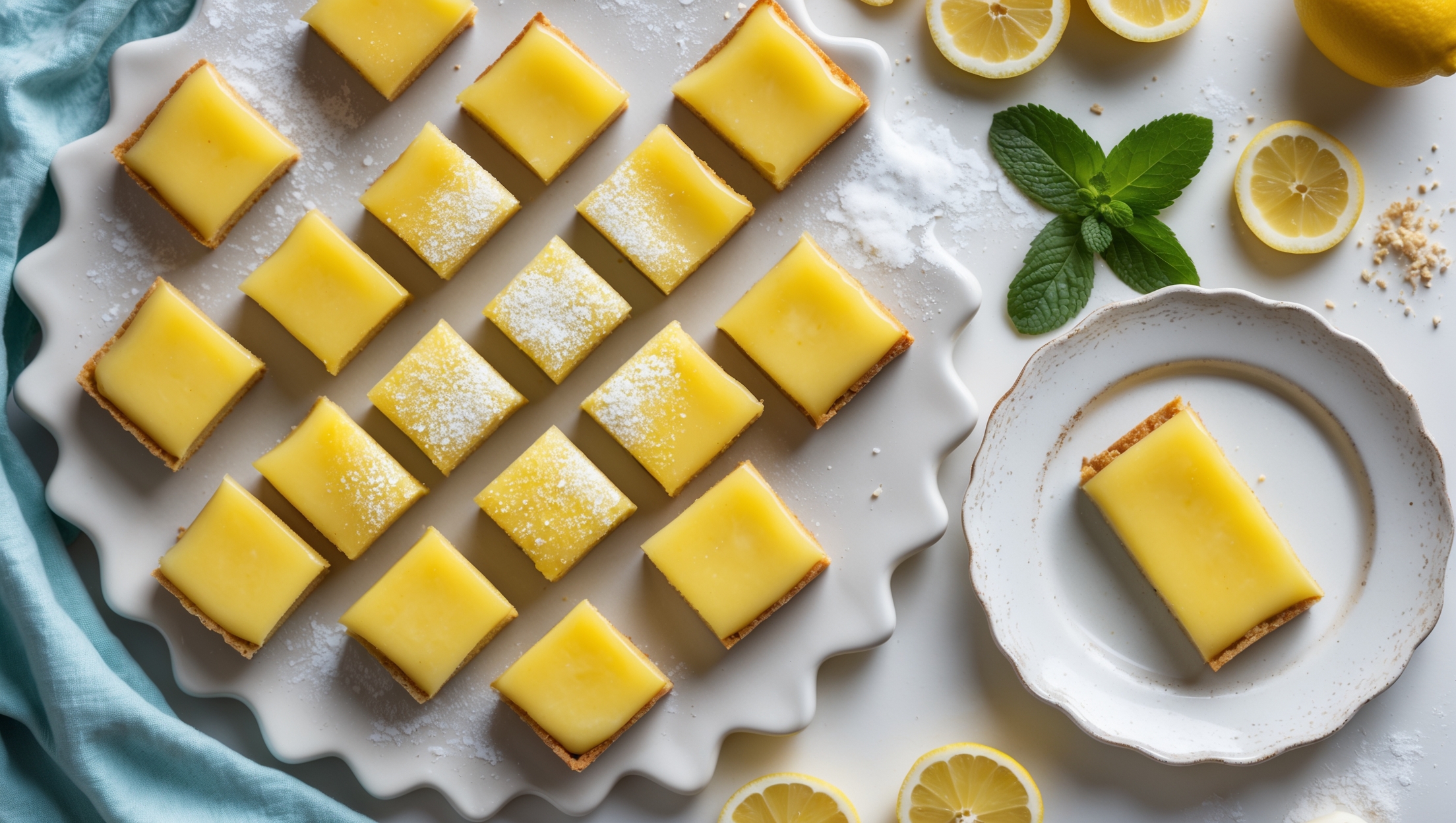 An overhead shot of perfectly cut square lemon bars arranged on a white ceramic platter, showcasing the vibrant yellow curd layer atop a golden-brown shortbread base. Natural window light highlights the slightly glossy surface of the lemon layer, while a dusting of powdered erythritol creates a delicate snow-like contrast against the sunny yellow. In the corner, fresh lemon slices and a sprig of mint add pops of color, while a single bar on a vintage dessert plate reveals the distinct two-layer construction. The setting features a light blue linen napkin and scattered almond flour to hint at the key ingredients, creating an inviting, bright composition that emphasizes the bars' light, refreshing nature.