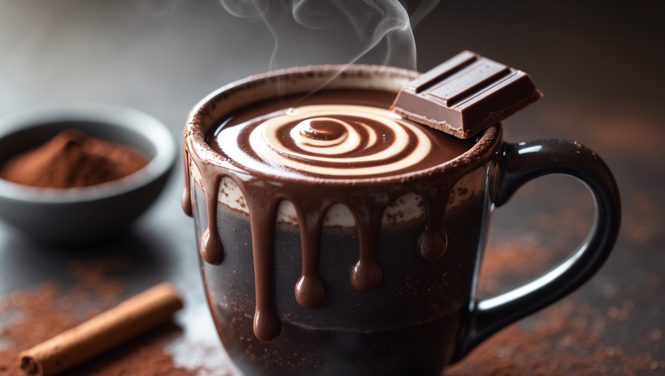 A steaming mug of dark, glossy hot chocolate captured in moody natural light, highlighting the silky texture with swirls of heavy cream melting on top. A close-up shot reveals melted chocolate droplets clinging to the sides of a rustic ceramic mug, with a delicate dusting of cocoa powder and a small square of 90% dark chocolate balanced on the rim. The styling includes a cinnamon stick garnish and a small bowl of unsweetened cocoa powder visible in the soft-focus background, conveying warmth and indulgence without sweetness.