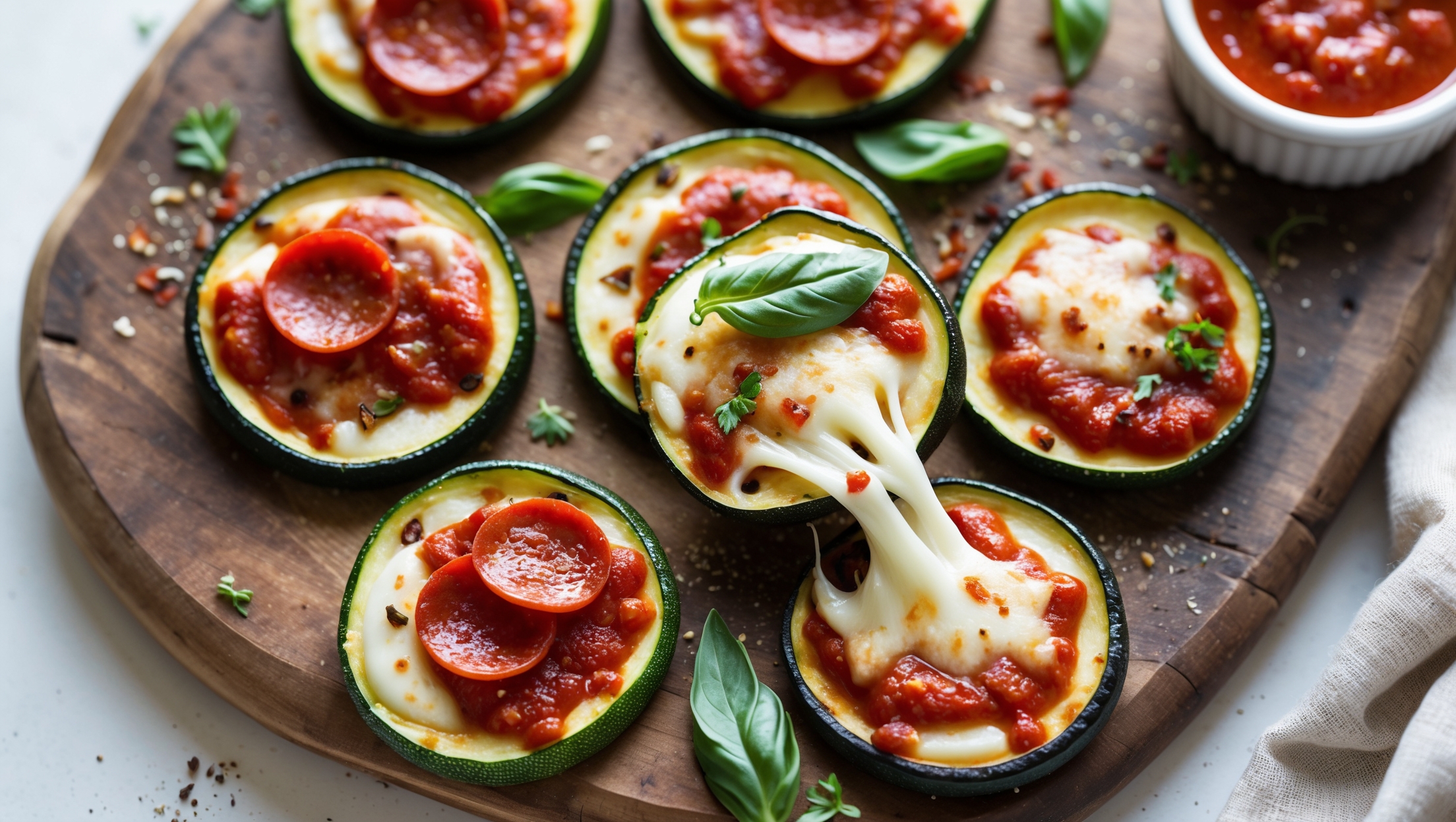 An overhead shot of golden-brown mini zucchini pizzas arranged on a rustic wooden serving board, captured in bright natural light that highlights the vibrant colors. The zucchini rounds are perfectly caramelized at the edges, topped with rich red marinara sauce and bubbling mozzarella cheese that stretches as one piece is lifted from the board. Tiny basil leaves add bright green accents against the melted cheese, while some pizzas feature pepperoni or olive slices. A light dusting of red pepper flakes and Italian herbs provides texture and depth, with a small ramekin of extra marinara sauce visible at the corner of the frame, all set against a neutral linen napkin that adds rustic charm.