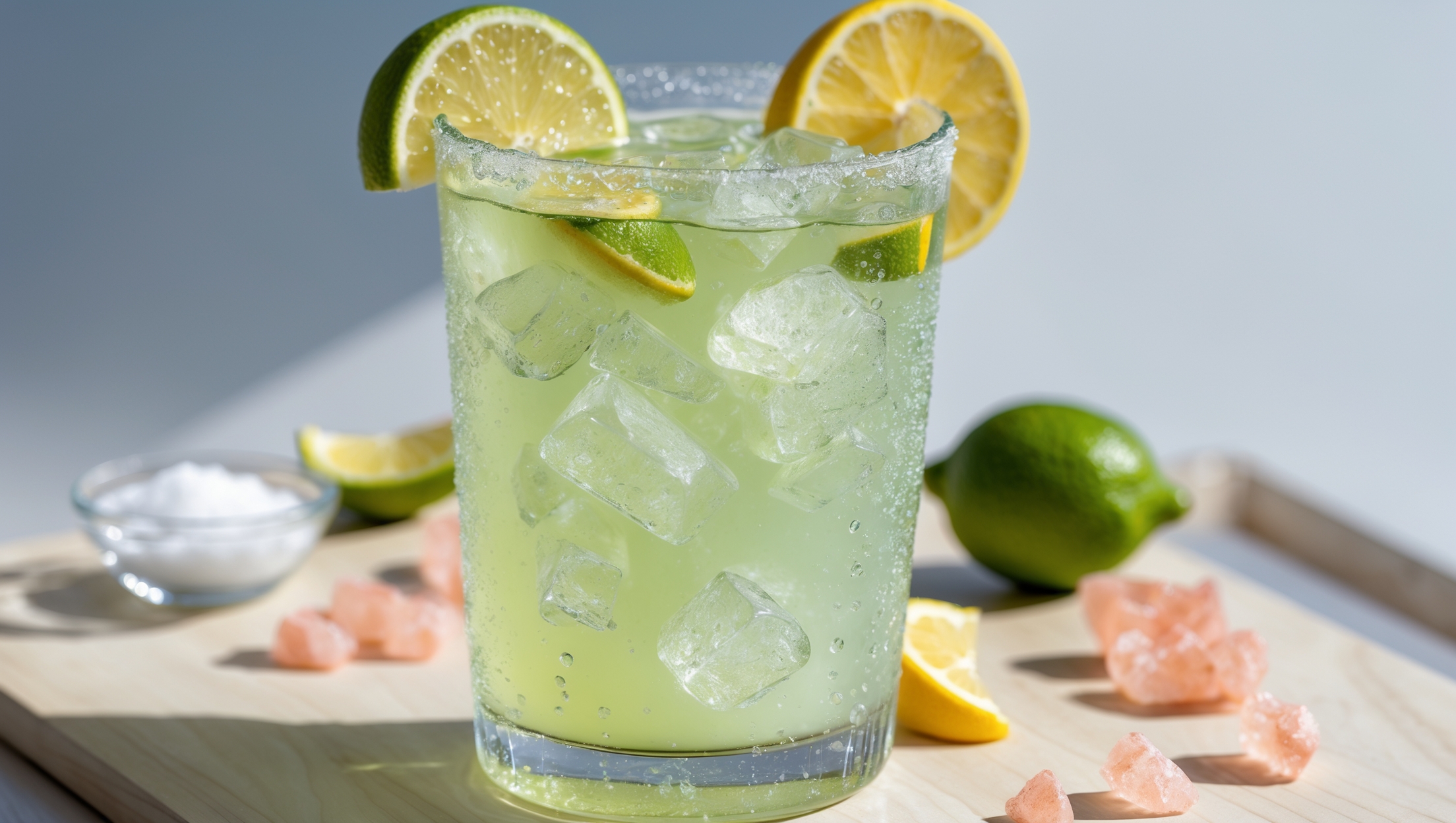 A tall, crystal-clear glass filled with a pale yellow-green electrolyte drink, photographed in bright natural daylight that highlights its refreshing clarity. Crushed ice floats throughout, while a slice of fresh lime and lemon perch on the rim. Condensation beads on the outside of the glass, suggesting its thirst-quenching coldness. The drink is placed on a light wooden surface with scattered pink Himalayan salt crystals, fresh citrus slices, and a small glass bowl of sea salt visible nearby, emphasizing its natural ingredients and keto-friendly profile.