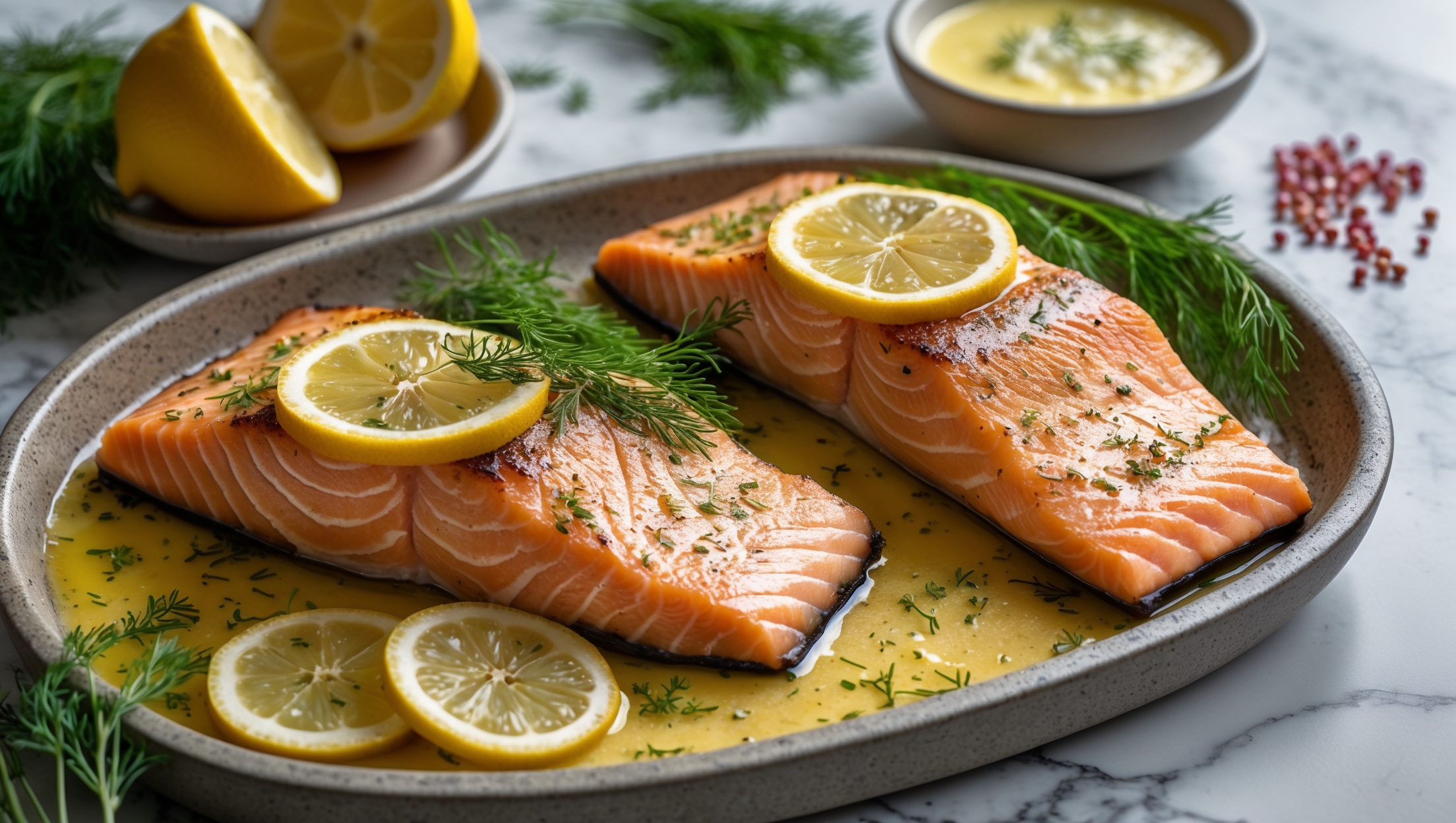 An overhead shot showcasing two perfectly flaky salmon fillets on a rustic stoneware platter, their tops glistening with golden lemon butter sauce. Soft natural light highlights the caramelized edges of the salmon and the vibrant yellow lemon slices nestled alongside fresh dill sprigs. A cross-section view reveals the salmon's moist, pink interior contrasting with the herb-flecked butter pooling around the fillets. In the background, a small bowl of additional lemon butter sauce sits beside scattered pink peppercorns and sea salt flakes on a marble countertop, emphasizing the dish's elegant simplicity and keto-friendly preparation.