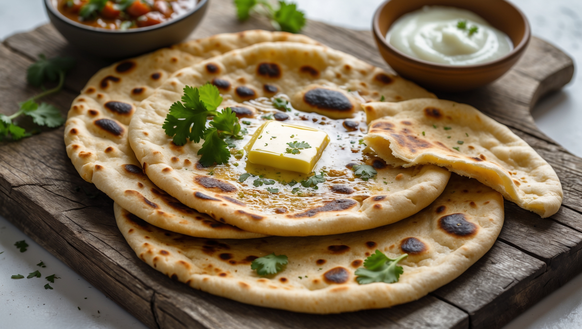 An overhead shot of three golden-brown keto naan flatbreads stacked slightly offset on a rustic wooden board, with visible char marks highlighting their authentic appearance. A pat of melting butter and a sprinkle of fresh chopped cilantro add vibrant color against the warm bread tones. In soft natural light that accentuates the slight bubbling and texture of the bread's surface, a small bowl of curry sits alongside, with one naan torn to reveal its stretchy, soft interior. In the background, subtle hints of almond flour and a small dish of yogurt acknowledge the key ingredients that create this low-carb alternative to traditional flatbread.