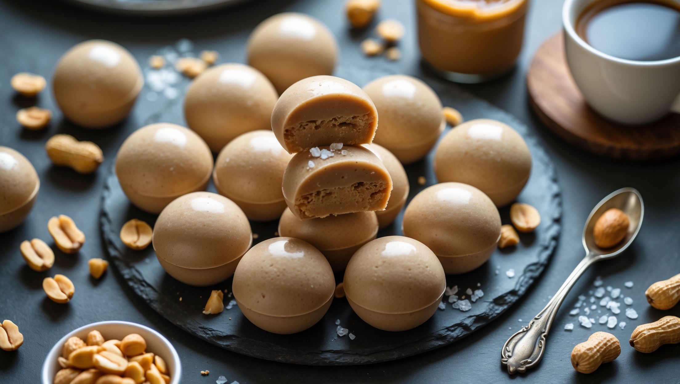 Overhead shot of perfectly round peanut butter fat bombs arranged on a slate serving platter, their creamy beige surfaces glistening slightly under soft window light. A cross-section of one bomb reveals its smooth, dense interior that resembles fudge. Scattered around the platter are whole roasted peanuts, a small jar of natural peanut butter with a wooden spoon, and a sprinkle of flaky sea salt for contrast. The styling evokes cozy indulgence with a small vintage silver spoon and a steaming cup of coffee in the background, suggesting these treats are perfect for an afternoon energy boost.