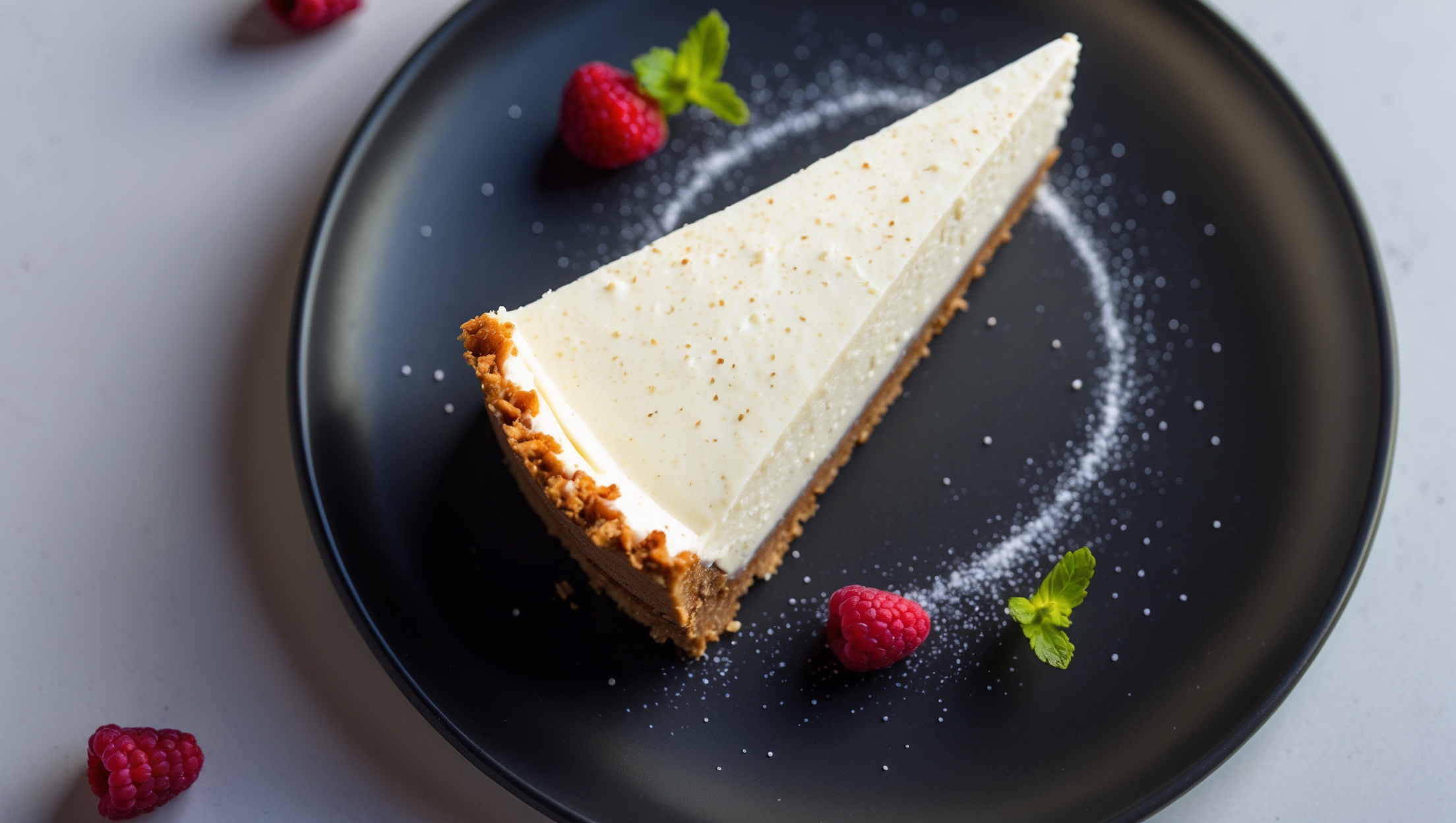 An overhead shot of a perfectly sliced wedge of no-bake keto cheesecake on a matte black plate, revealing its two distinct layers - a golden almond-pecan crust and a tall, ivory-white cheesecake filling with tiny vanilla bean specks visible throughout. The creamy filling catches the soft natural light, highlighting its velvety texture while a few fresh berries scatter around the plate providing vibrant pops of color against the monochromatic dessert. A delicate dusting of powdered erythritol gives the surface a subtle sparkle, with a mint sprig adding a touch of greenery to complete the elegant presentation.