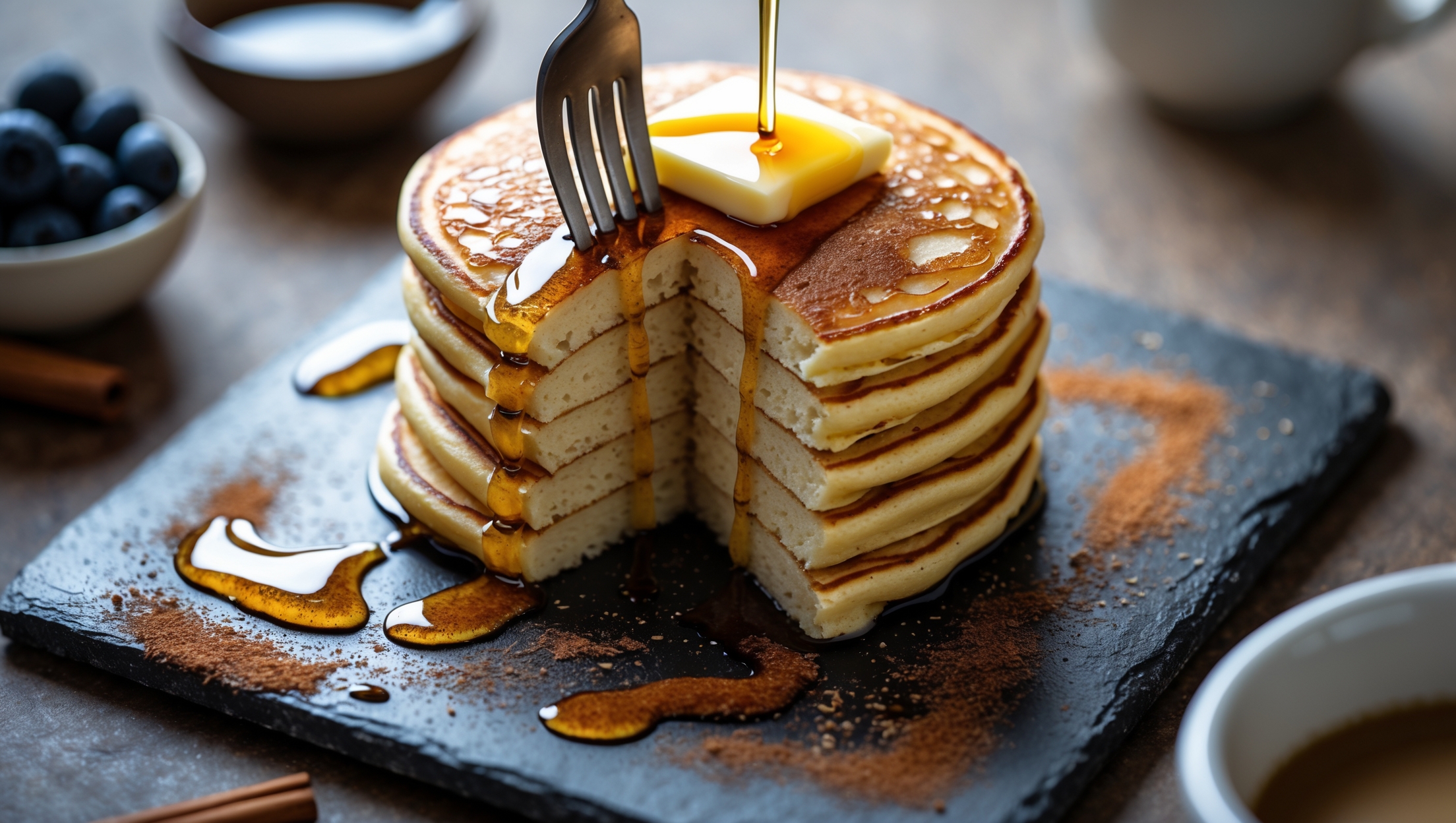 Overhead shot of a stack of three golden-brown keto pancakes on a rustic slate plate, with melted butter cascading down the sides and a drizzle of sugar-free maple syrup creating glossy pools on the top pancake. A fork cuts through the stack in the foreground, revealing their light, airy interior texture. The scene is bathed in soft morning light, with blurred background elements including a small bowl of fresh blueberries and a steaming cup of coffee, creating a cozy breakfast atmosphere. A sprinkling of cinnamon adds warm color accents to the pancakes' slightly almond-flecked surface.