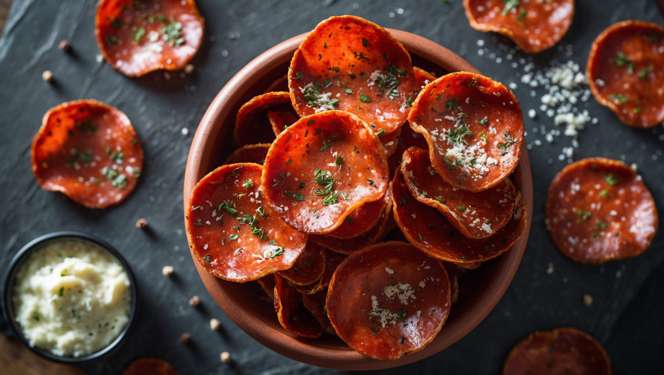 Overhead shot of perfectly crisped pepperoni chips arranged in a rustic terracotta bowl against a dark slate background, their edges curled and glistening with oil. Close-up details reveal the rich red pepperoni with flecks of herbs and a light dusting of grated parmesan creating a textural contrast. Natural window light casts gentle shadows highlighting the chips' crispy texture, while scattered black peppercorns and a small ramekin of creamy garlic dip complete the composition, emphasizing the snack's keto-friendly appeal.
