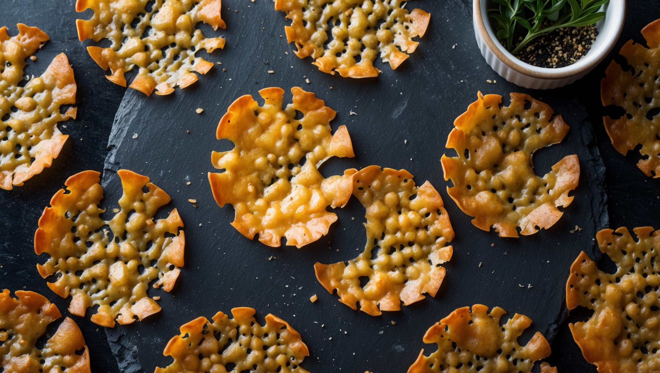 An overhead shot of golden-brown Parmesan crisps arranged in a circular pattern on a dark slate board, their lacy edges creating beautiful texture contrasts. A soft natural light highlights the crystalline structure of the baked cheese, revealing pockets where tiny bubbles formed during baking. In the corner, a small ramekin of fresh herbs and cracked black pepper provides a pop of green against the amber-hued crisps. The surface of each crisp shows a glossy sheen where the oils from the cheese have caramelized, and several crisps are propped against each other to display their perfect curve and remarkable thinness.