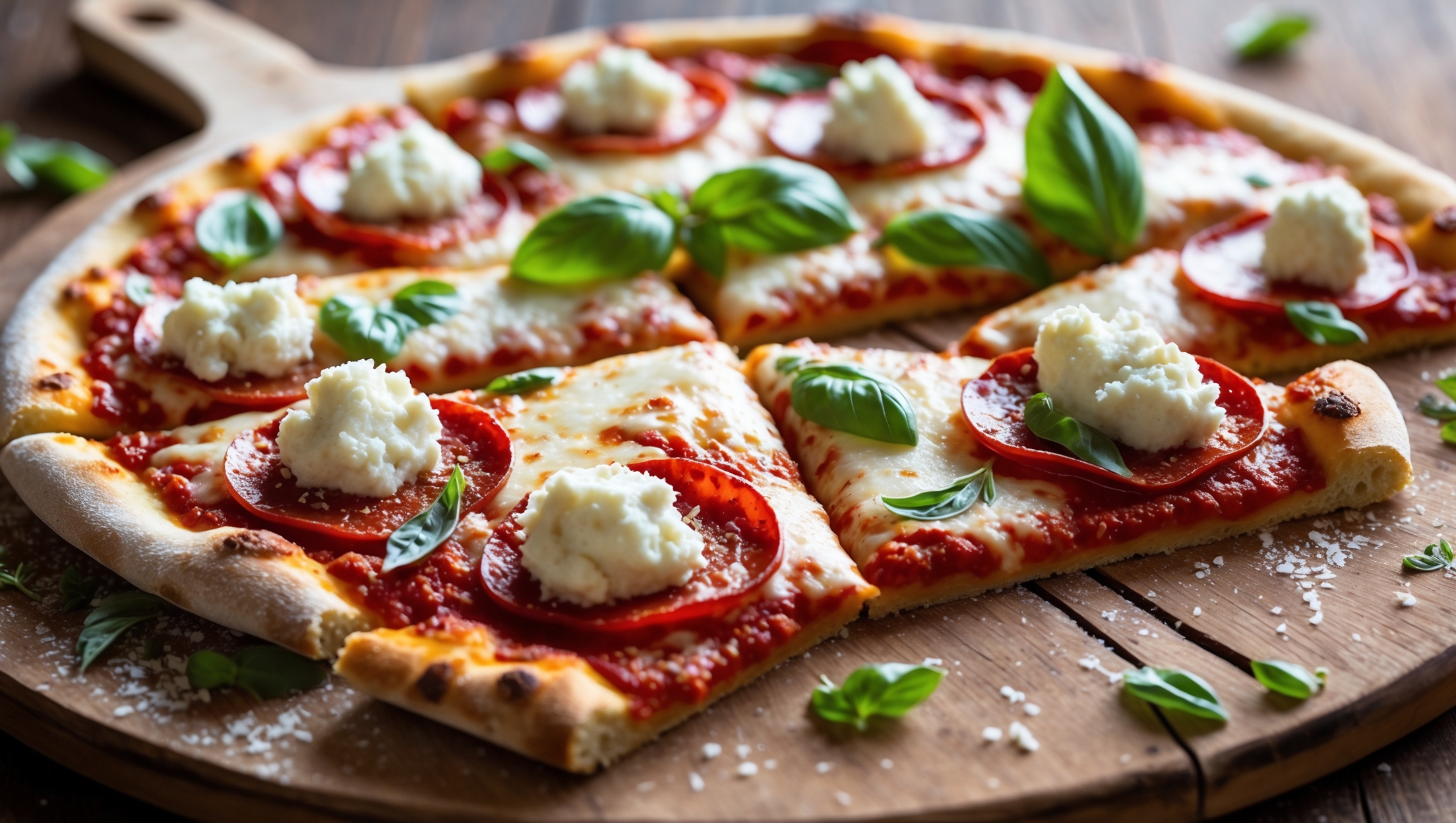 An overhead shot of a perfectly baked keto pizza with a golden-brown almond flour crust, displaying a generous layer of vibrant red tomato sauce and bubbling mozzarella cheese. The cross-section reveals the thin yet sturdy crust supporting classic toppings of pepperoni, fresh basil leaves, and dollops of ricotta. Captured in warm natural light on a rustic wooden pizza peel, with scattered fresh herbs and a light dusting of parmesan around the edges. The melted cheese stretches dramatically as a slice is being lifted, showcasing the authentic pizza experience despite the low-carb approach.