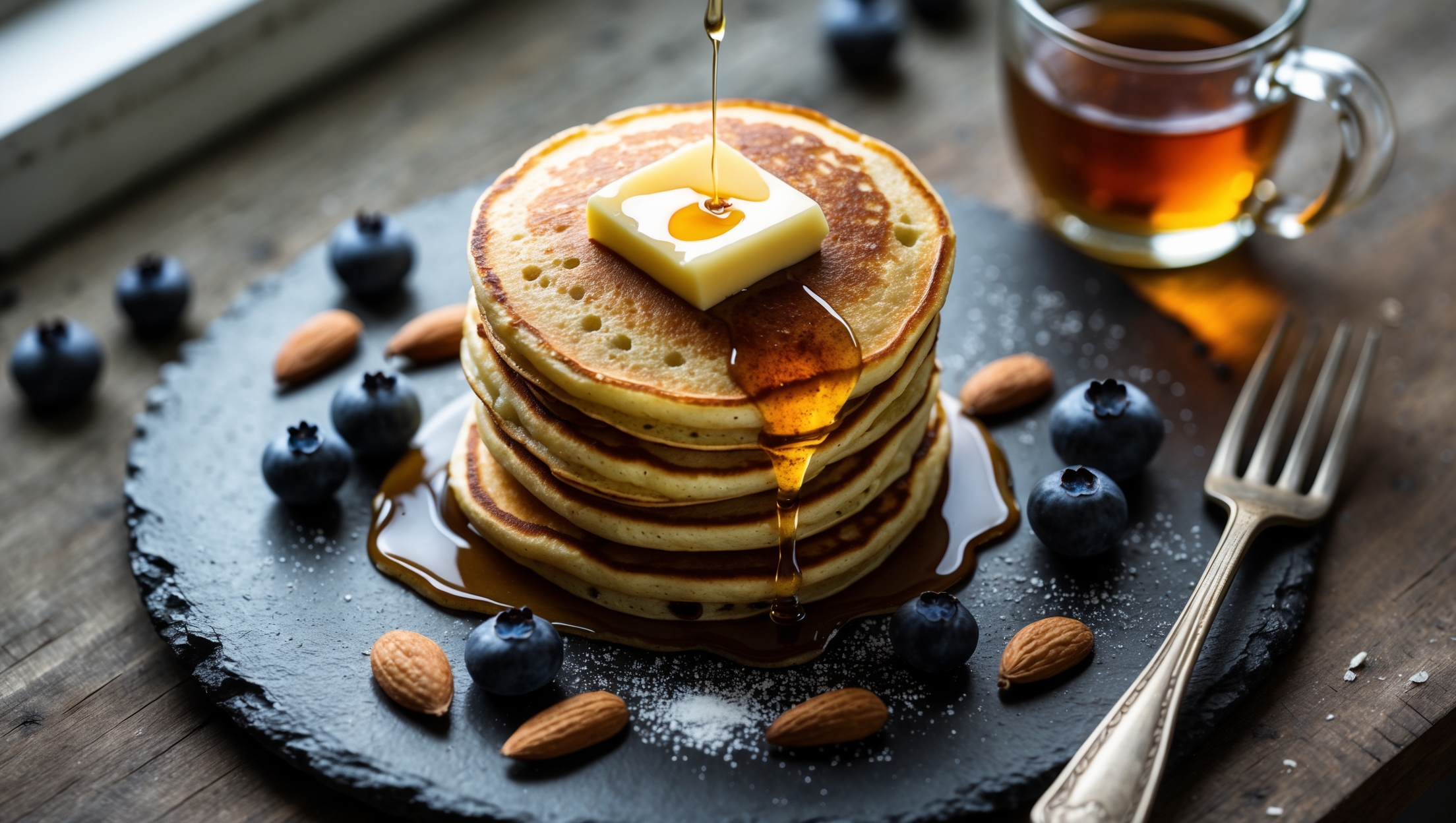 An overhead shot of a stack of three golden-brown keto pancakes on a rustic slate plate, with a pat of melting butter slowly cascading down the sides. The pancakes have visible almond specks and a light, fluffy texture with slightly crisp edges. A small glass pitcher of sugar-free maple syrup waits nearby, catching the soft morning light streaming through a kitchen window. Scattered around the plate are fresh blueberries, a sprinkle of powdered erythritol, and a few raw almonds, creating a vibrant color contrast against the warm tones of the pancakes. A vintage fork rests beside the stack, ready to dive into these low-carb breakfast treats.