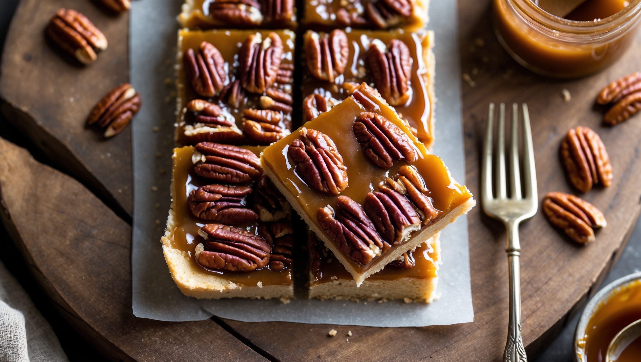 An overhead shot of perfectly cut keto pecan pie bars arranged on a rustic wooden serving board, with one bar slightly pulled away revealing the distinct layers. The shortbread base appears golden and firm, while the caramel pecan topping glistens under soft natural light, highlighting the amber hues and glossy finish. Whole pecans create an attractive pattern across the top, some caramelized to a deep mahogany. A vintage fork rests beside the bars, with scattered raw pecans and a small jar of keto caramel sauce strategically placed in the frame. The warm lighting accentuates the textural contrast between the crumbly almond flour base and the sticky, nutty topping.