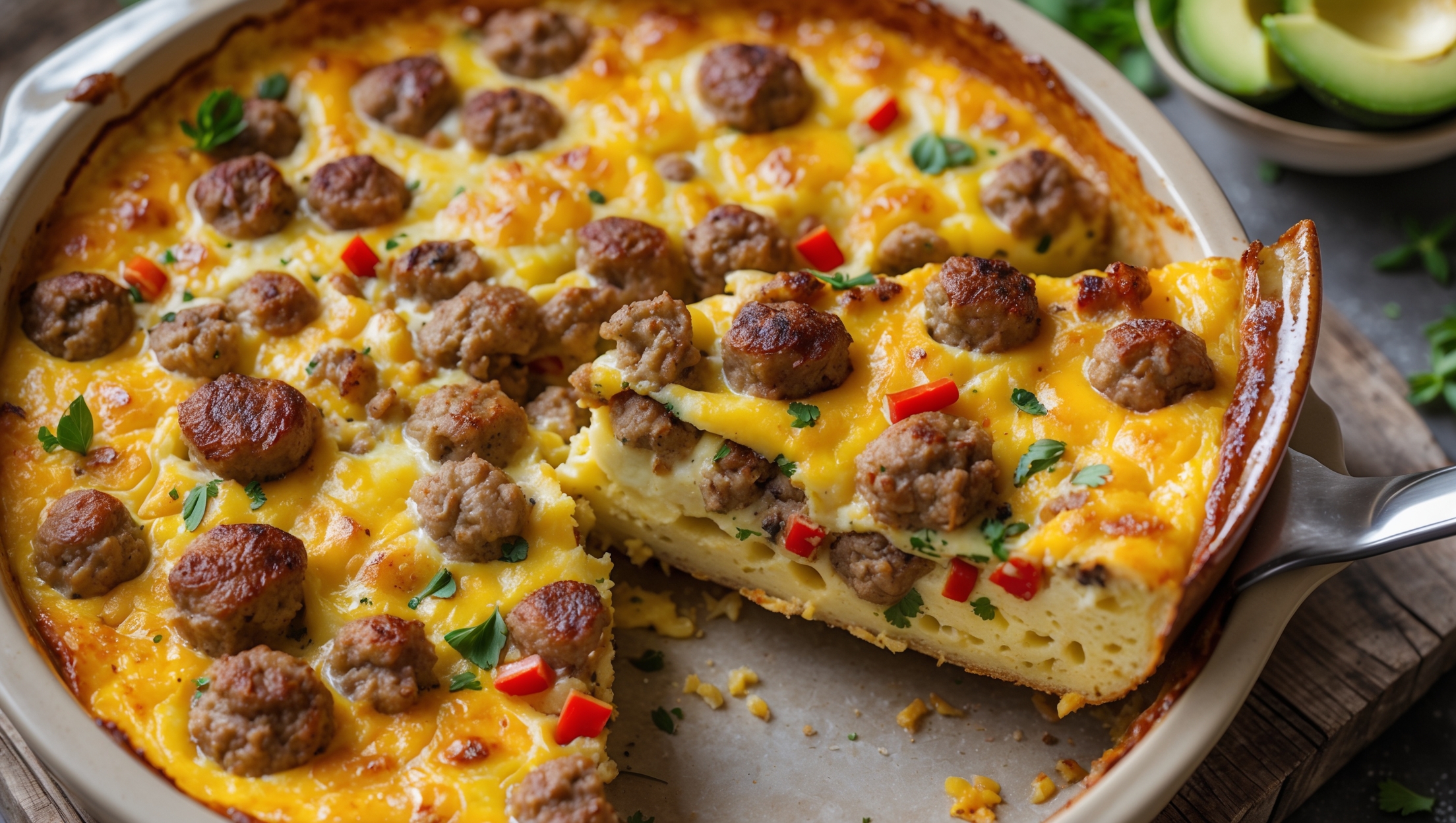 An overhead shot of a golden-brown Keto Sausage & Egg Casserole in a ceramic baking dish, just pulled from the oven. Natural window light highlights the puffed edges and cheese-crusted top, revealing pockets of melted cheese marbling throughout the firm yet tender egg base. A clean slice being lifted reveals colorful layers of browned sausage crumbles, flecks of green herbs, and red pepper pieces suspended in the custard-like egg mixture. The casserole sits on a rustic wooden board alongside a small bowl of fresh avocado slices, with scattered fresh herbs and cracked black pepper providing contrast against the warm yellow tones of the dish.