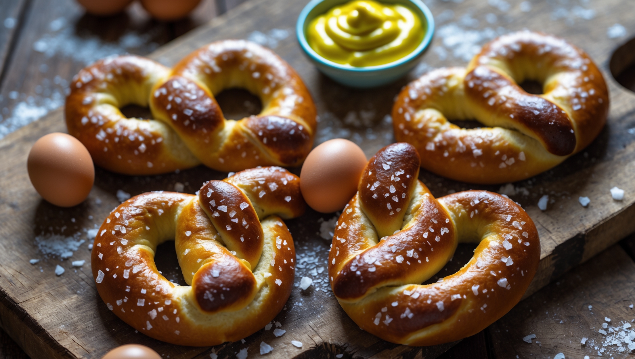 Overhead shot of twisted golden-brown keto pretzels arranged on a rustic wooden board, their surfaces gleaming with coarse salt crystals catching the soft natural light. A cross-section view reveals the soft, chewy interior texture with tiny air pockets throughout the dough. In the background, a small ramekin of mustard adds a pop of vibrant yellow color, while scattered almond flour and a few whole eggs hint at the recipe's low-carb ingredients. The pretzels' distinctive twisted shape and burnished exterior showcase their perfect bake, with the characteristic deep amber color that signals the successful maillard reaction despite using alternative flours.