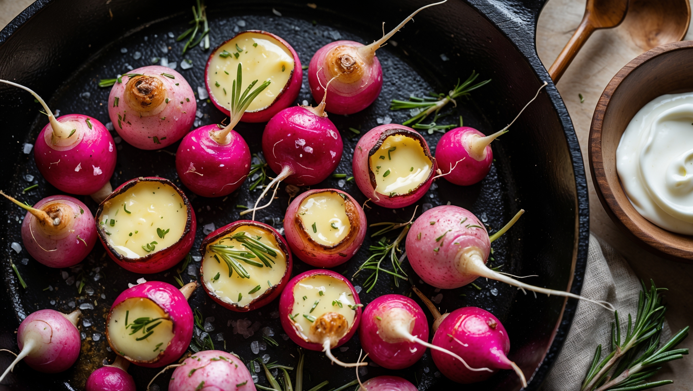 An overhead shot of golden-brown roasted radishes on a rustic cast-iron skillet, glistening with herb-infused butter and sprinkled with flaky sea salt. Soft natural light highlights the caramelized edges and rosemary sprigs scattered throughout, creating beautiful contrast against the radishes' rosy-white interiors. A small bowl of sour cream sits alongside, while a wooden serving spoon rests on the edge of the skillet, ready to portion these low-carb delights.