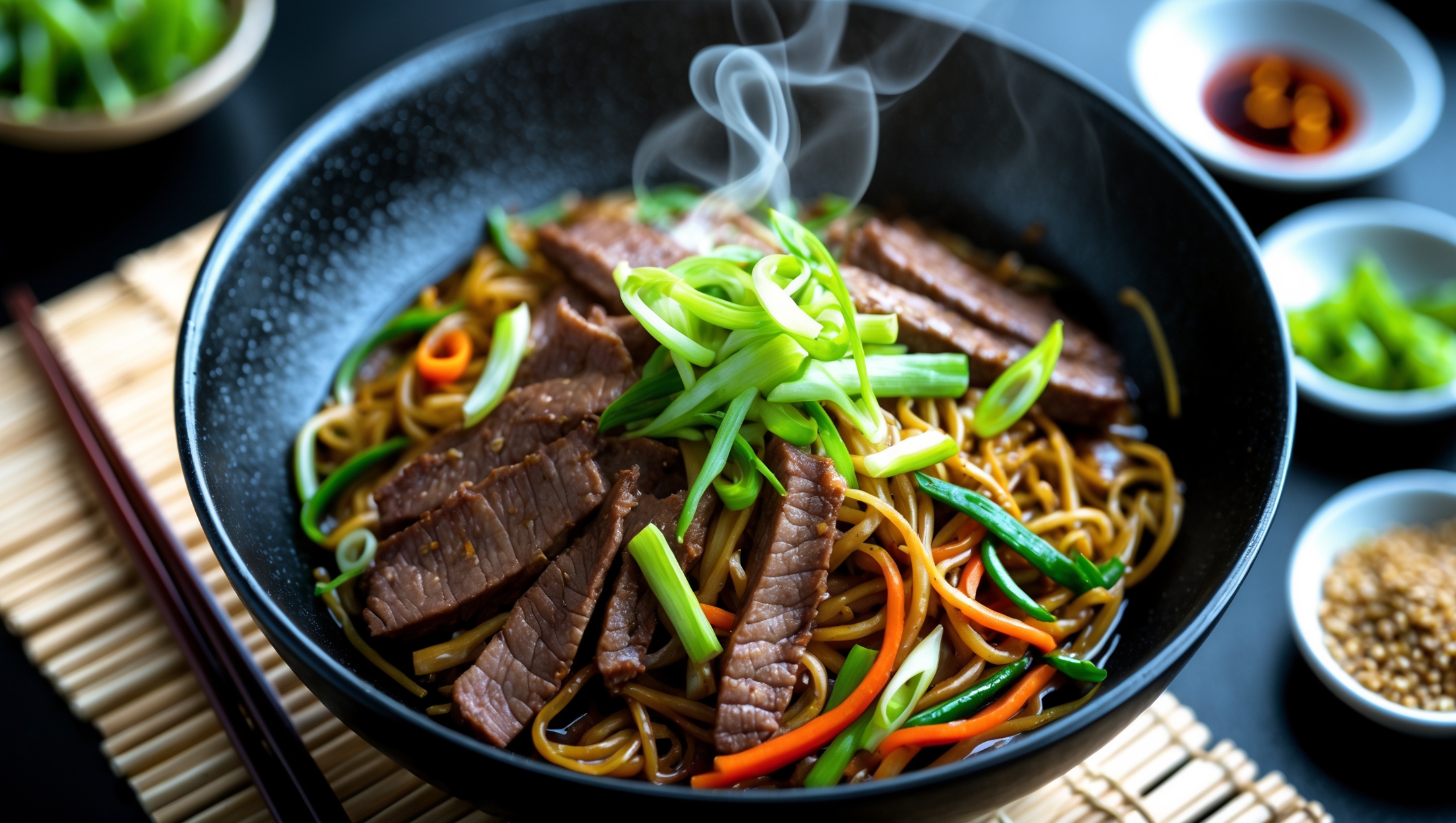 An overhead shot of glossy shirataki noodles intertwined with vibrant stir-fried vegetables in a sleek black bowl, captured in bright natural light. Steam rises gently from the dish, highlighting the sheen of the savory sauce coating each strand. Thin slices of perfectly seared beef and bright green scallions create appealing color contrast against the noodles. Chopsticks rest alongside the bowl on a textured bamboo mat, with small dishes of sesame seeds and chili oil blurred in the background, emphasizing the Asian-inspired preparation and keto-friendly composition.