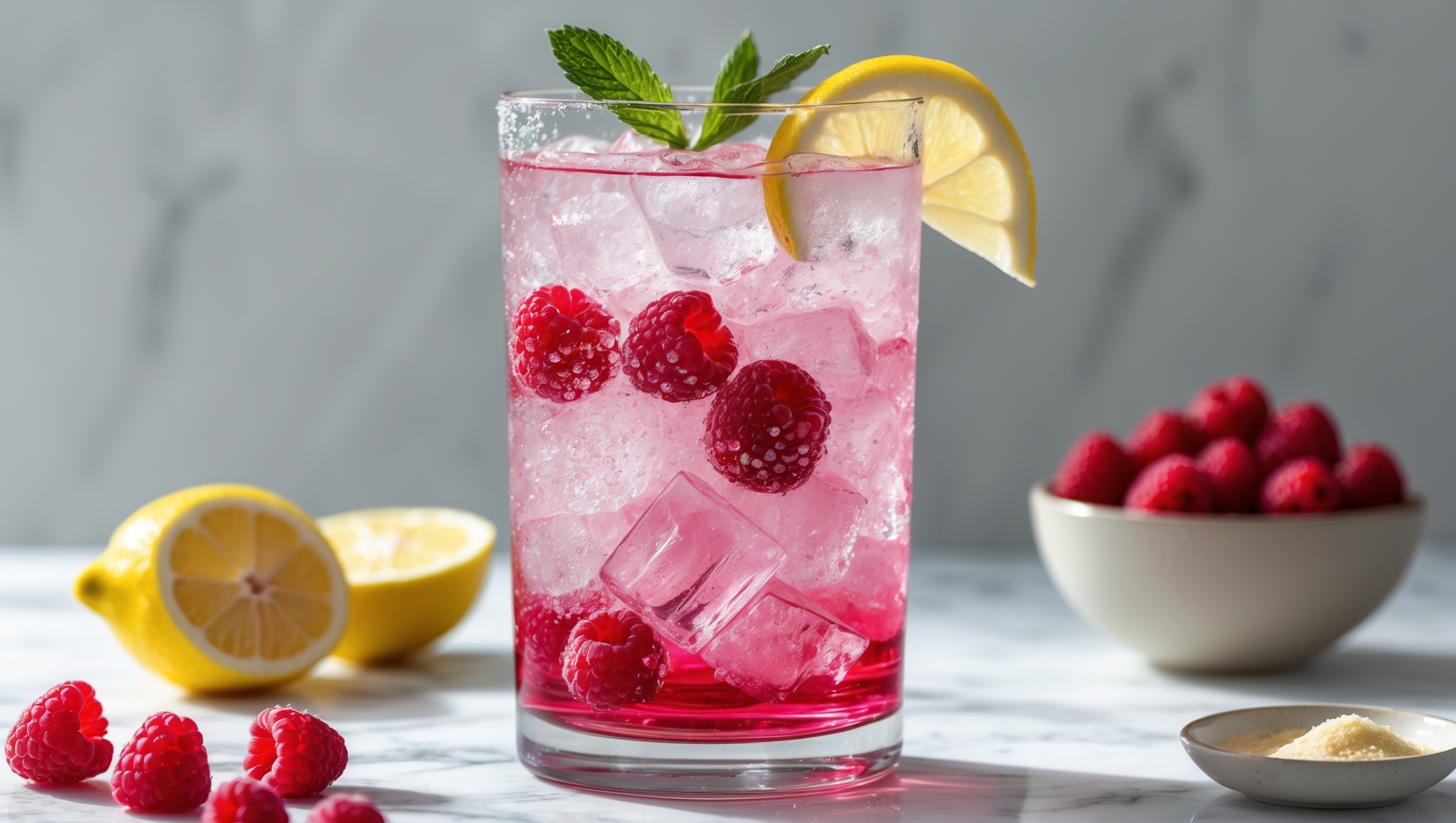 A tall, ice-filled highball glass showcasing layers of vivid raspberry-pink and pale lemon hues, photographed in bright natural daylight that highlights the drink's jewel-like clarity. Fresh raspberries float among crushed ice, while a lemon wheel and mint sprig garnish the rim. Beads of condensation form on the glass exterior, suggesting refreshing coolness. A small bowl of fresh raspberries and sliced lemons sits beside the drink on a light marble surface, with a small dish of stevia crystals visible in the corner, emphasizing the drink's keto-friendly nature.