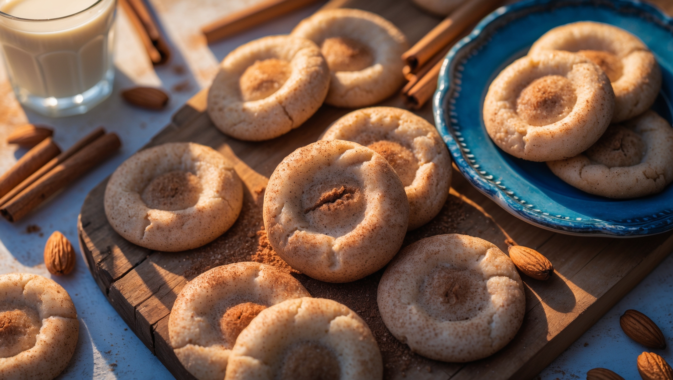 An overhead shot of perfectly round keto snickerdoodles arranged on a rustic wooden board, their surfaces beautifully crackled and dusted with cinnamon. A close-up reveals the soft, tender interior contrasting with the slightly crisp edges. Warm afternoon light casts a golden glow across the scene, highlighting the cookies' characteristic cinnamon-sugar coating that sparkles subtly. A vintage blue ceramic plate holds a small stack of cookies beside a glass of almond milk, while scattered cinnamon sticks, whole almonds, and a small bowl of the remaining coating mixture complete the composition, emphasizing the low-carb ingredients that make these treats keto-friendly.