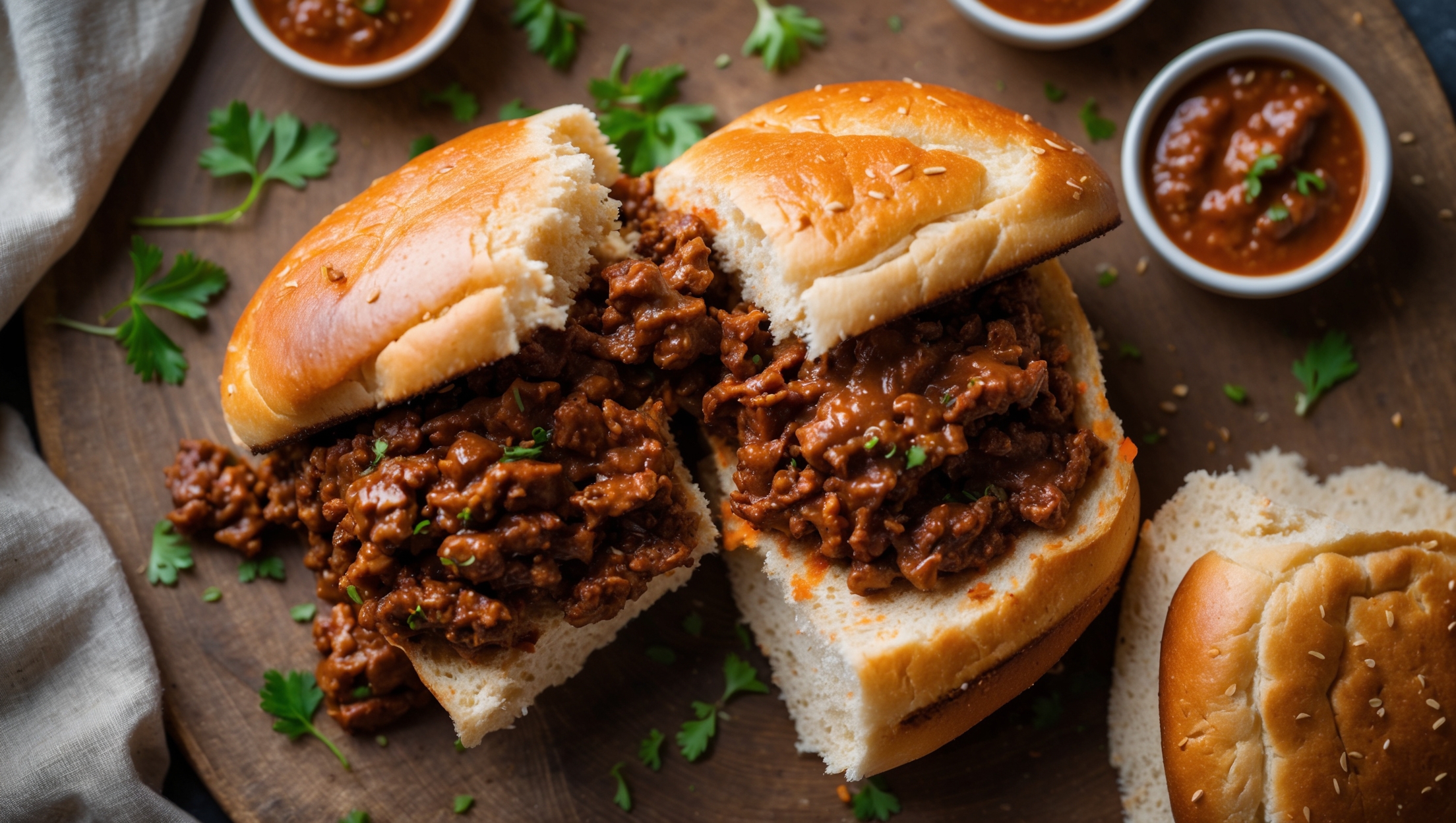 An overhead shot of a keto sloppy joe sandwich with beef filling spilling appetizingly from between golden-brown, almond flour buns. Soft natural light highlights the textural contrast between the glossy, rich tomato-based meat mixture and the light, toasted bun edges. The sandwich sits on a rustic wooden board alongside scattered fresh parsley and small ramekins of additional sauce. A cross-section view reveals the sturdy yet tender structure of the keto bun, demonstrating how it holds up to the hearty filling without becoming soggy. The warm color palette of deep reds, browns, and creamy beige tones is complemented by a sprinkling of sesame seeds on the bun tops.