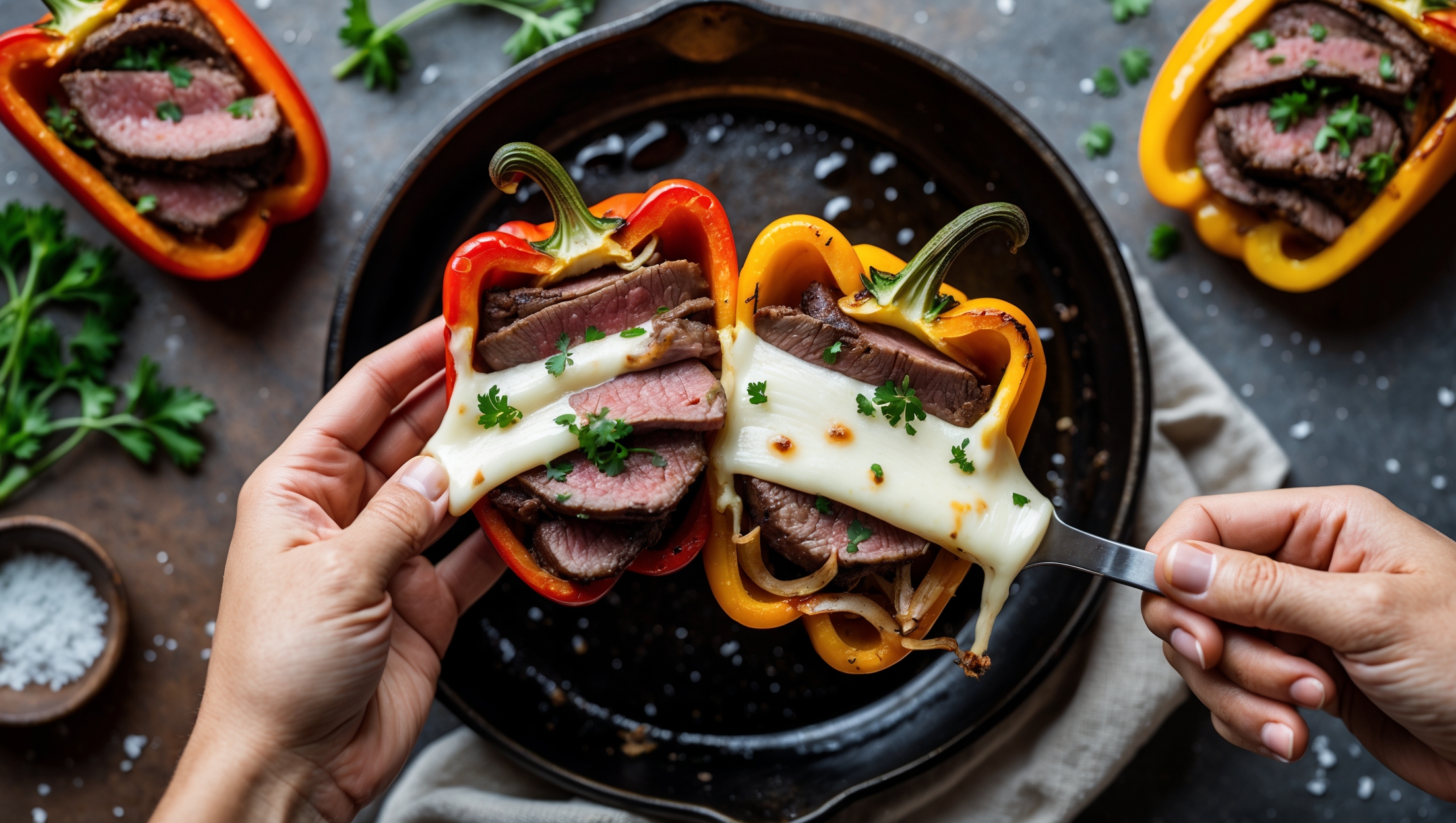 An overhead shot of vibrant bell pepper halves filled to the brim with juicy, thinly-sliced ribeye steak and melted cheese, captured in soft natural light that highlights the glistening, caramelized meat. A cross-section view reveals layers of tender steak, golden-brown onions, and stretchy cheese pulling away as a pepper is lifted from a rustic cast-iron skillet. Droplets of savory juices glisten on the surface while sprinkles of fresh parsley add bright color contrast against the rich, meaty filling. The surrounding scene includes scattered fresh herbs, a small bowl of flaky salt, and the warm glow of melted cheese that perfectly captures the indulgent, keto-friendly nature of this dish.