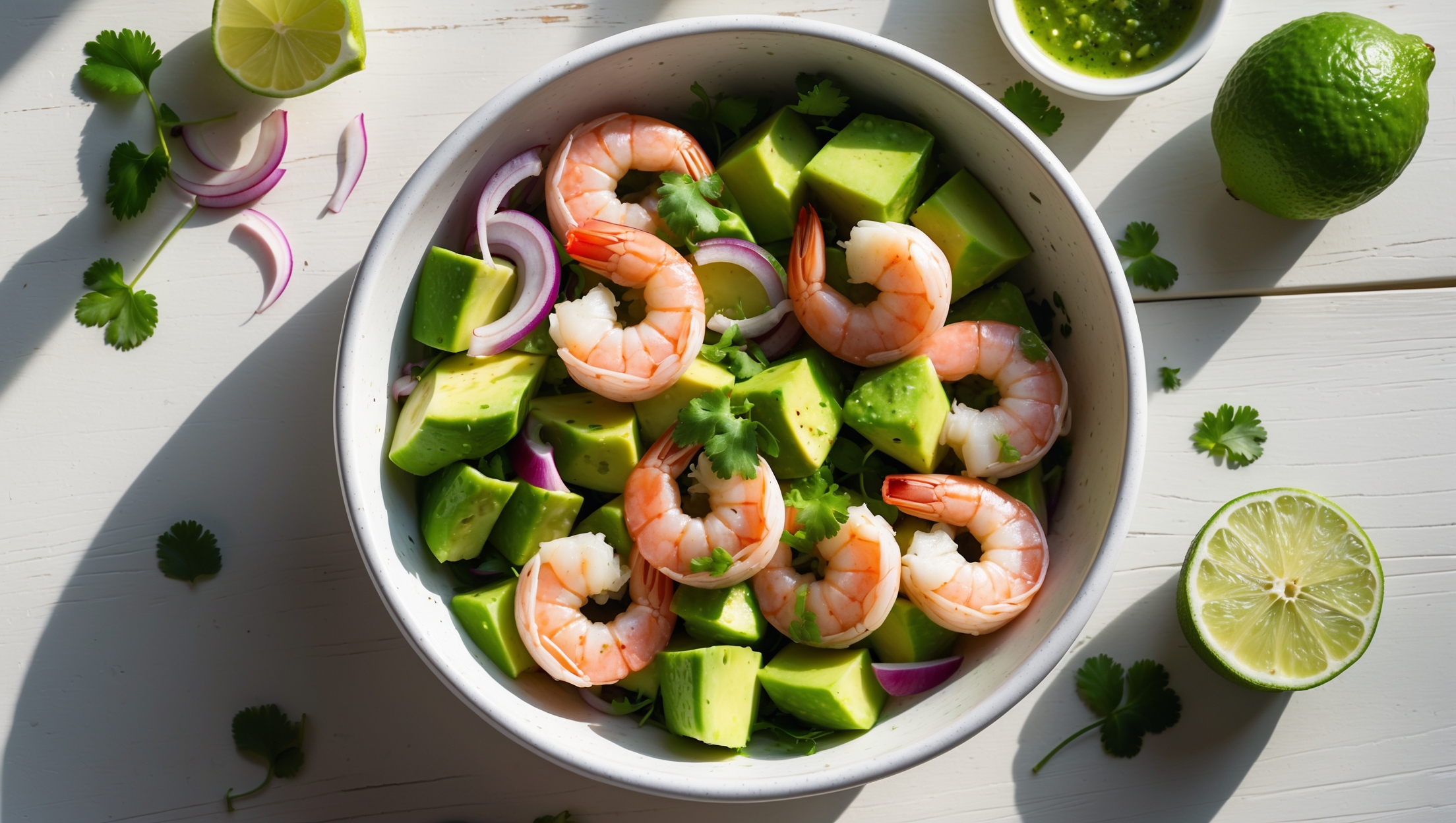 An overhead shot of a white ceramic bowl filled with a vibrant Keto Shrimp Avocado Salad, where plump pink shrimp curl against chunks of jade-green avocado. Natural daylight streams across the scene, highlighting the glistening lime dressing coating each ingredient. Red onion slivers and cucumber crescents provide texture contrasts, while scattered fresh cilantro adds bright pops of green. A halved lime rests beside the bowl on a light wooden table, with a small ramekin of extra dressing nearby, emphasizing the salad's fresh, zesty flavor profile.