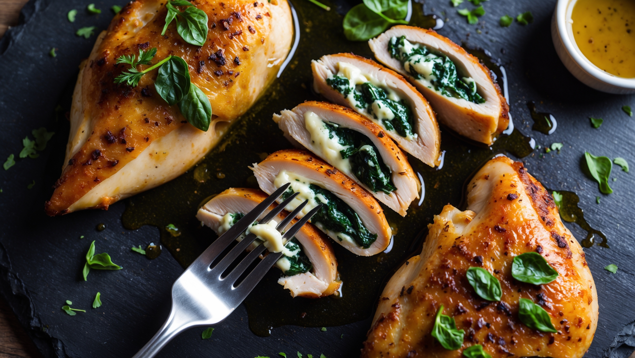 An overhead shot of sliced keto spinach and cheese stuffed chicken breasts arranged on a slate serving platter, revealing the vibrant green spinach and melted cheese filling oozing from the center. The chicken exterior is golden-brown with a slight char, glistening with olive oil under warm directional lighting that highlights the juicy texture. Scattered fresh herbs add bright pops of color against the neutral slate, while a small ramekin of natural pan juices sits alongside for drizzling. A fork cuts through one piece in the foreground, demonstrating the perfect tenderness of the chicken and the creamy consistency of the filling.
