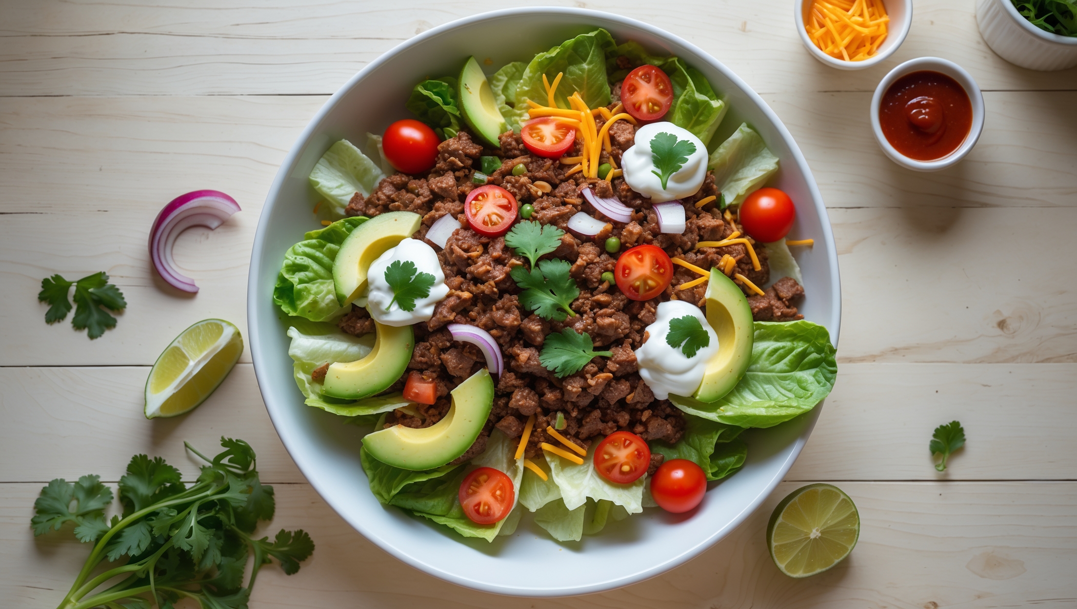 An overhead shot of a colorful Keto Taco Salad served in a wide, shallow white bowl against a light wooden table. Soft natural light streams in from the side, highlighting the vibrant layers of crisp romaine lettuce topped with seasoned ground beef, cherry tomatoes cut in half revealing their juicy interiors, chunks of ripe avocado, shredded cheddar cheese, and dollops of sour cream. Red onion slivers and fresh cilantro are scattered throughout, adding pops of color. A wedge of lime sits on the side of the bowl, and a small ramekin of hot sauce appears in the corner of the frame. The contrast between the rich reds and browns of the beef and the fresh greens creates an appetizing composition that showcases this carb-free alternative to traditional tacos.