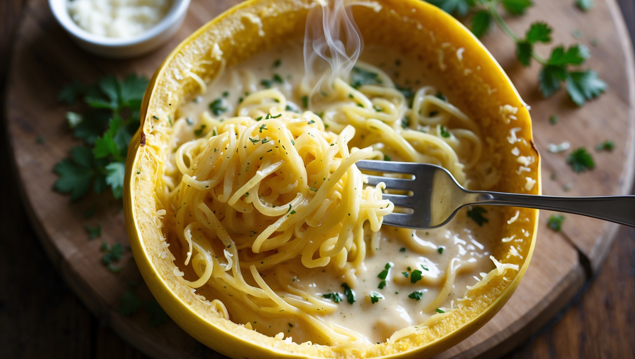 Overhead shot of a halved spaghetti squash bowl filled with golden squash strands coated in glossy, cream-colored Alfredo sauce, with specks of fresh herbs and black pepper visible throughout. Soft natural light highlights the creamy texture and creates shadows that emphasize the fork twirling perfectly coated squash "noodles" from the bowl. A small ramekin of additional Parmesan cheese sits alongside freshly chopped parsley scattered on a rustic wooden serving board, with a subtle steam rising that suggests warmth and freshness. The contrast between the yellow squash and the white sauce creates a visually appealing presentation that showcases the dish's creamy consistency and keto-friendly appeal.