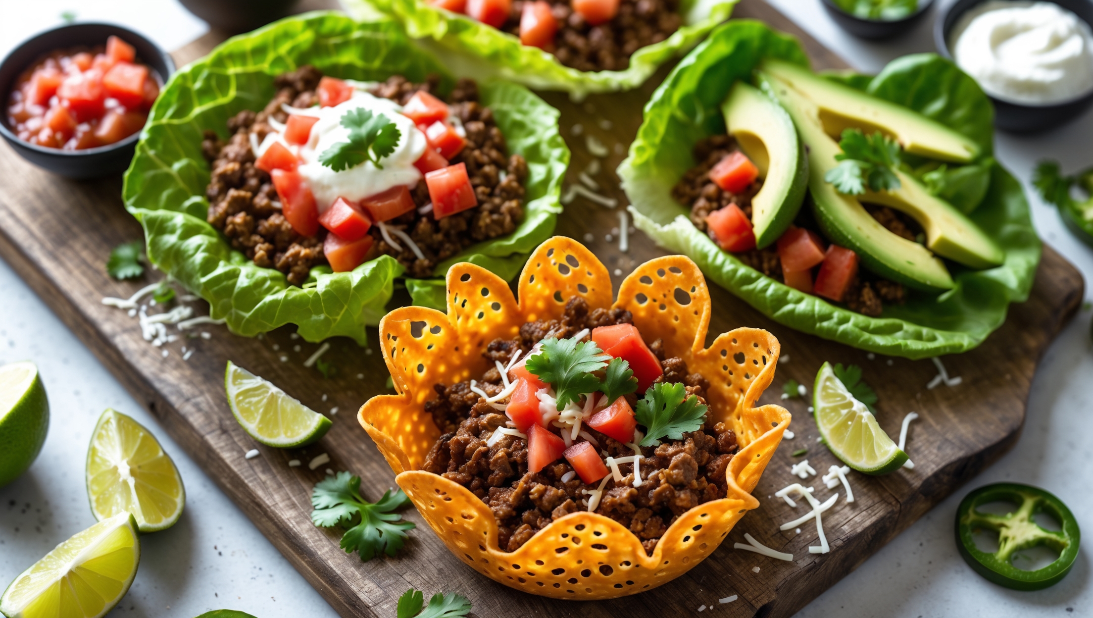 An overhead shot of three vibrant keto taco bowls arranged on a rustic wooden serving board, captured in bright natural light. The foreground features a taco bowl with a golden-brown, lacy cheese shell curled into a perfect bowl shape, filled with seasoned ground beef that's glistening with spices. Next to it sits a lettuce wrap version, where bright green romaine leaves create a fresh, crisp vessel. Both are generously topped with vibrant red diced tomatoes, creamy sliced avocado, grated cheese, and sprinkles of fresh cilantro. Scattered around the board are lime wedges for squeezing, small bowls of sour cream and salsa, and a few jalapeño slices for those who enjoy extra heat. Light catches the edges of the cheese shells, highlighting their intricate crispy texture.