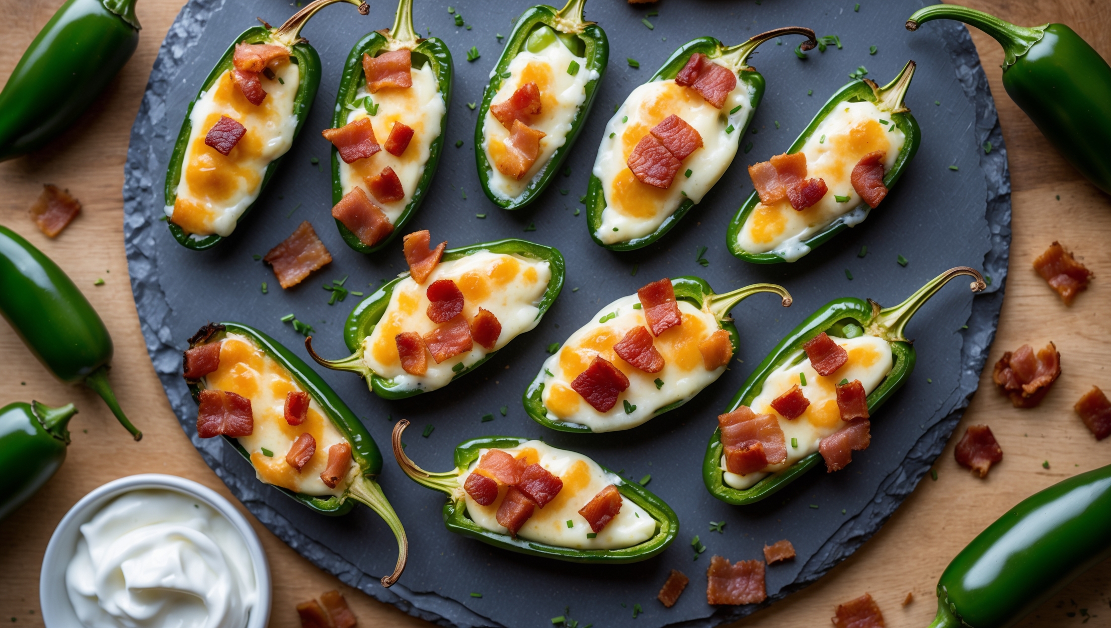 An overhead shot of golden-brown jalapeño poppers arranged on a rustic slate serving board, their tops bubbling with melted cream cheese and crowned with crispy bacon bits. A cross-section view reveals the creamy filling against the bright green jalapeño walls, with visible flecks of herbs throughout. The poppers glisten slightly under soft window light, creating appealing highlights on the caramelized edges. Fresh jalapeños and scattered bacon pieces provide context around the board, while a small bowl of sour cream sits nearby for dipping. The contrast between the vibrant green peppers, white cream filling, and reddish-brown bacon creates a visually striking keto-friendly appetizer.