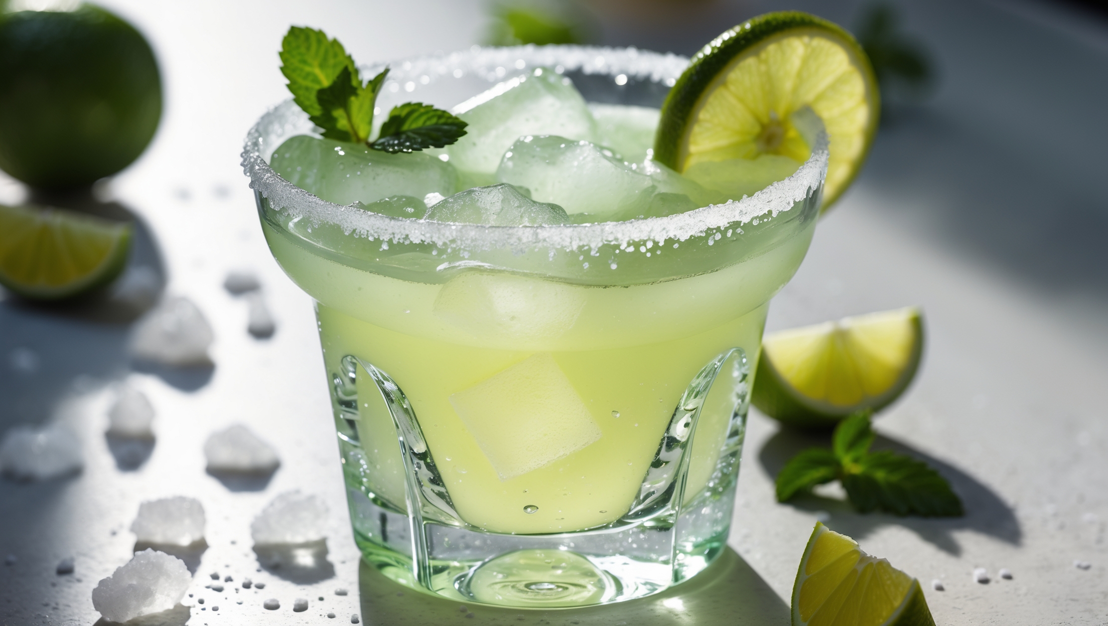 A crystal-clear margarita glass with a salted rim catching natural afternoon light, filled with a pale green-yellow mocktail over perfectly clear ice cubes. Droplets of condensation form on the outside of the glass, suggesting refreshing coldness. A vibrant lime wheel and small sprig of fresh mint rest on the rim, while a second lime wedge perches on the edge. The drink sits on a light-colored stone surface with scattered salt crystals and a few lime segments blurred in the background, emphasizing the cocktail's bright, fresh appeal and keto-friendly simplicity.