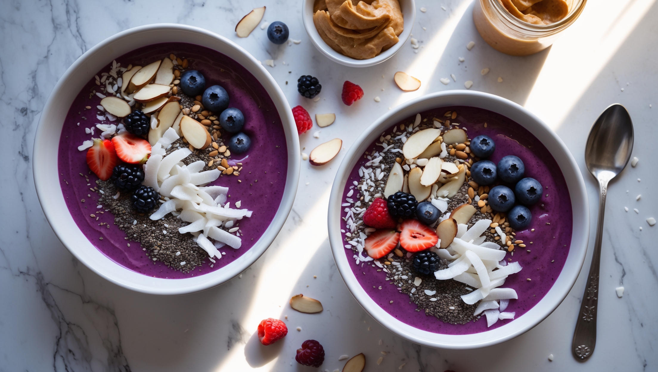 An overhead shot of two vibrant keto smoothie bowls in white ceramic bowls, revealing their luscious purple-red hue against a light marble countertop. Natural morning light streams in from the side, highlighting the smoothie's velvety texture and the artfully arranged toppings. Each bowl features a meticulous arrangement of fresh berries, coconut flakes, sliced almonds, and chia seeds creating a textural mosaic above the thick, creamy base. A small jar of almond butter and scattered berries sit nearby, suggesting freshness and wholesome ingredients, while a silver spoon rests at the edge of one bowl, inviting the viewer to dive in.
