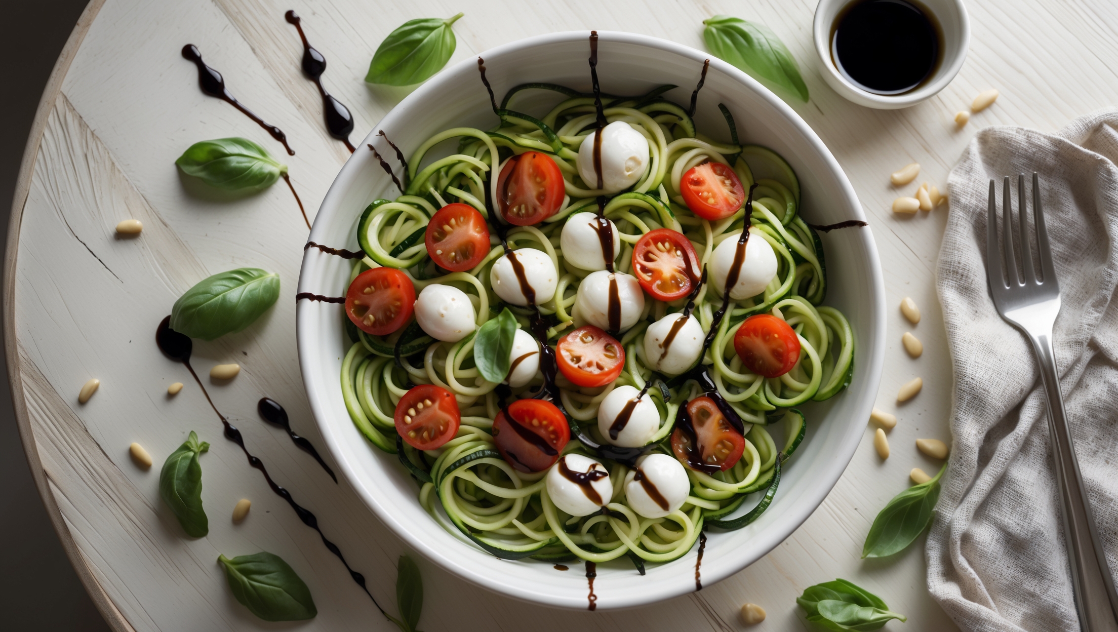 An overhead shot of a white ceramic bowl filled with vibrant green spiralized zucchini noodles forming a nest-like base. Scattered throughout are halved cherry tomatoes revealing their juicy interiors, white mozzarella pearls creating striking color contrast, and torn basil leaves adding pops of deep green. A drizzle of dark balsamic glaze crisscrosses the composition, catching the soft natural light streaming through a nearby window. The bowl sits on a light wooden table with a small ramekin of extra olive oil and a few scattered pine nuts surrounding it, while a linen napkin and silver fork rest alongside, suggesting casual elegance.