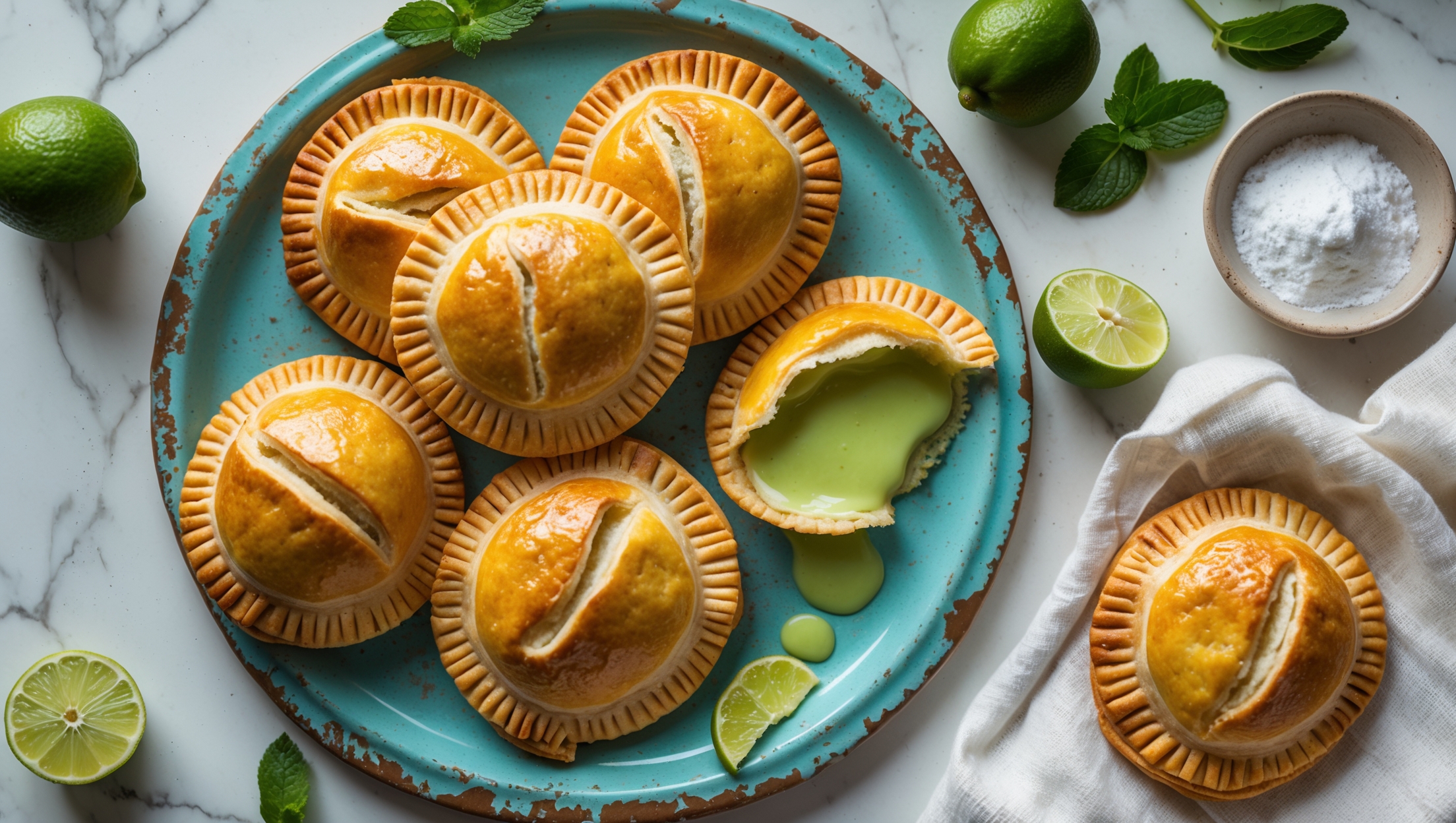 Overhead shot of golden-brown hand pies arranged on a distressed turquoise ceramic plate, with one pie broken open revealing the vibrant pale green lime filling oozing slightly. The pastry shows distinct flaky layers catching the soft natural light streaming through a kitchen window. Scattered around the composition are fresh key limes, some halved to show their juicy interiors, alongside a small bowl of powdered sugar and a sprig of fresh mint. The scene is styled on a white marble counter with a vintage linen napkin, creating beautiful contrast with the sunny yellow-green filling peeking through the hand pies' crisp, sugar-dusted edges.