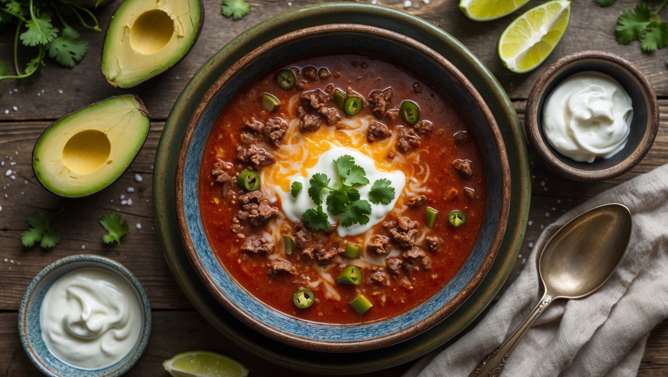 An overhead shot of a rustic ceramic bowl filled with steaming Keto Taco Soup, showcasing the vibrant red broth studded with browned ground beef, green chilies, and melted cheese on top. The surface glistens with a swirl of cream and tiny droplets of rendered fat catching soft natural light. Scattered around the bowl are fresh avocado slices, lime wedges, a small bowl of sour cream, and a sprinkle of fresh cilantro. The scene is set on a weathered wooden table with a folded linen napkin and vintage soup spoon, creating a cozy, inviting atmosphere that highlights the soup's hearty, comforting appeal.
