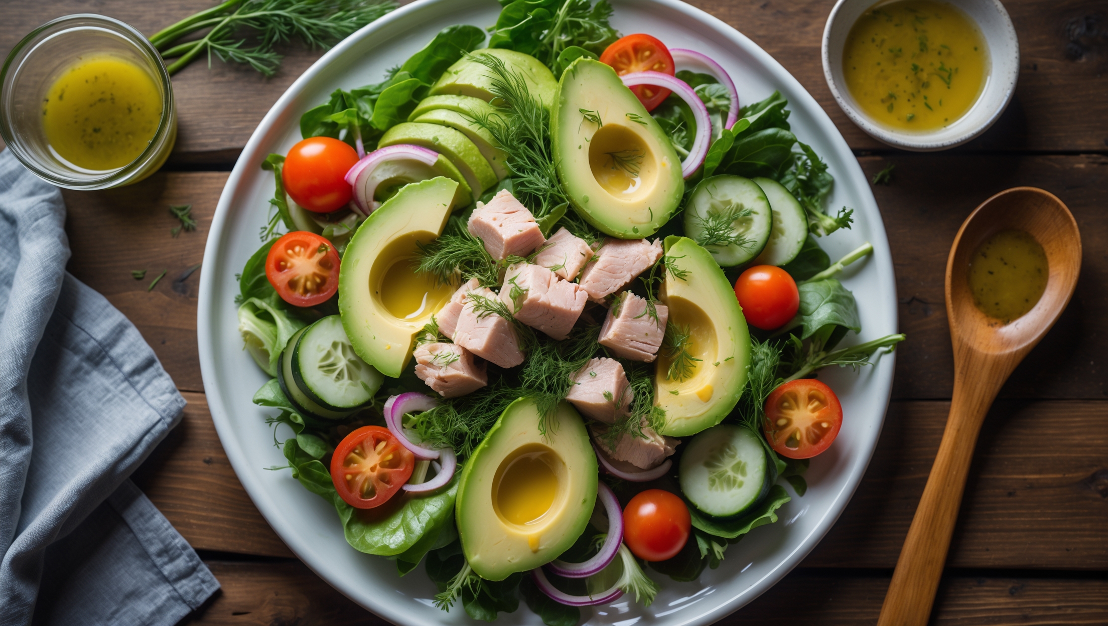 An overhead shot of a vibrant Keto Tuna & Avocado Salad arranged on a sleek white ceramic plate, showcasing chunks of sustainably-sourced tuna nestled among halved avocado slices, crisp cucumber ribbons, and bright cherry tomatoes. Soft natural light streams in from the side, highlighting the glossy sheen of the lemon vinaigrette drizzled over the ingredients. Fresh dill sprigs and thinly sliced red onions add pops of color against the lush green bed of mixed salad leaves. A small glass bowl of extra dressing sits nearby, with a wooden serving spoon resting beside the artfully composed salad on a rustic wooden table, emphasizing the dish's fresh, wholesome ingredients.