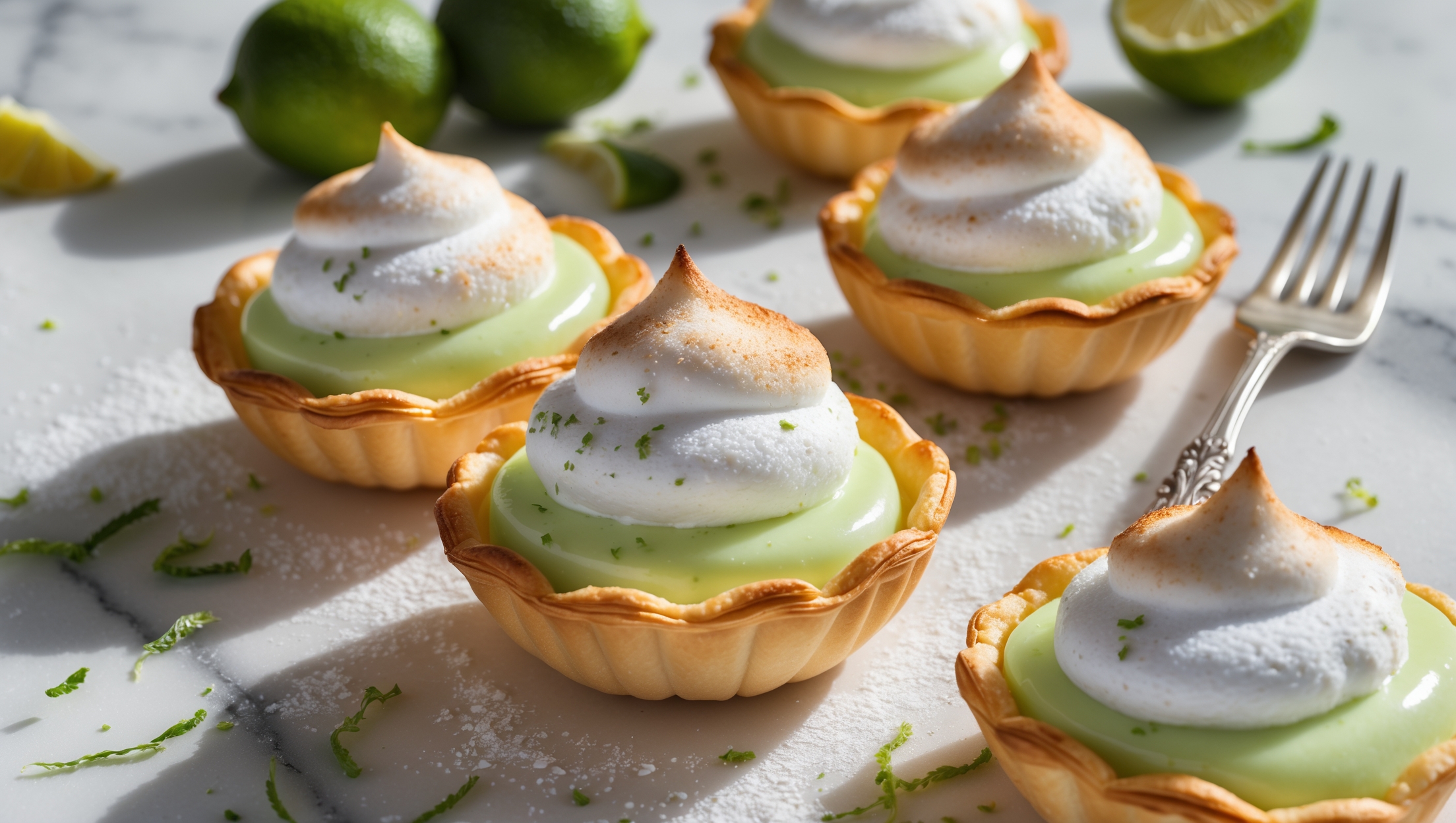 An overhead shot captures golden, palm-sized pastry shells filled with vibrant pale green key lime curd, topped with lightly torched, cloud-like meringue peaks. Soft natural light highlights the contrast between the crisp, flaky layers of the pastry and the smooth, glossy filling. In the background, fresh key limes and zest are scattered across a white marble surface, while a vintage silver dessert fork rests beside one pastry, revealing the creamy interior as it pulls away. A light dusting of powdered sugar catches the light, and tiny specks of lime zest add color contrast against the pristine meringue swirls.