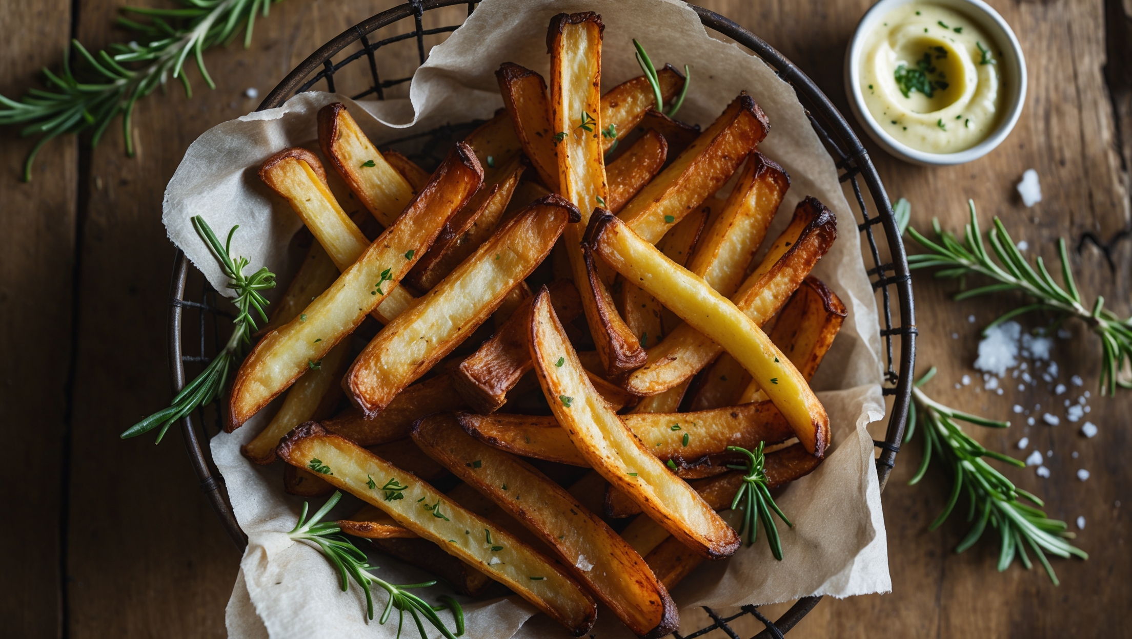 An overhead shot of golden-brown turnip fries artfully arranged in a vintage wire basket lined with parchment paper. The fries show perfect caramelization with visible flecks of herbs and seasoning against their crispy exterior. A small ramekin of creamy garlic aioli sits alongside, its surface rippled from a fresh dip. Soft natural light casts gentle shadows across a rustic wooden table, while scattered fresh rosemary sprigs and a sprinkle of flaky sea salt add dimension. The contrast between the golden exterior and the slightly paler interior of a broken fry reveals the perfect texture - crisp edges giving way to a tender center.