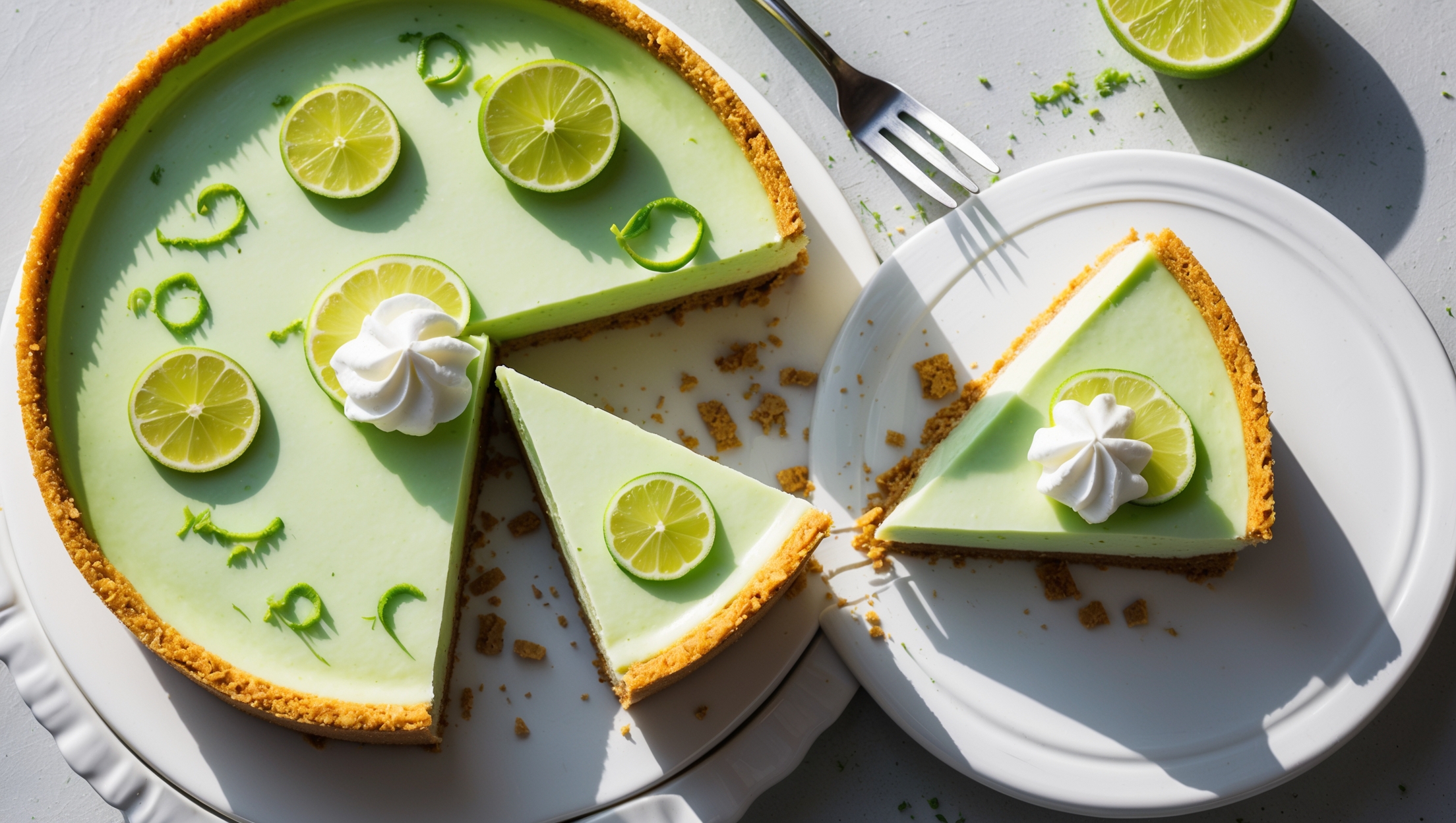 Overhead shot of a perfectly sliced key lime cheesecake revealing its velvety pale green interior against a golden graham cracker crust. Natural daylight streams across the dessert, highlighting the smooth, glossy surface adorned with thin lime wheel garnishes and delicate lime zest curls. A dollop of freshly whipped cream sits atop each slice, with a few scattered graham cracker crumbs creating visual texture on a white ceramic cake stand. Condensation on a lime wedge suggests refreshing tanginess, while the fork placed alongside shows the creamy texture as it slices through the layers.