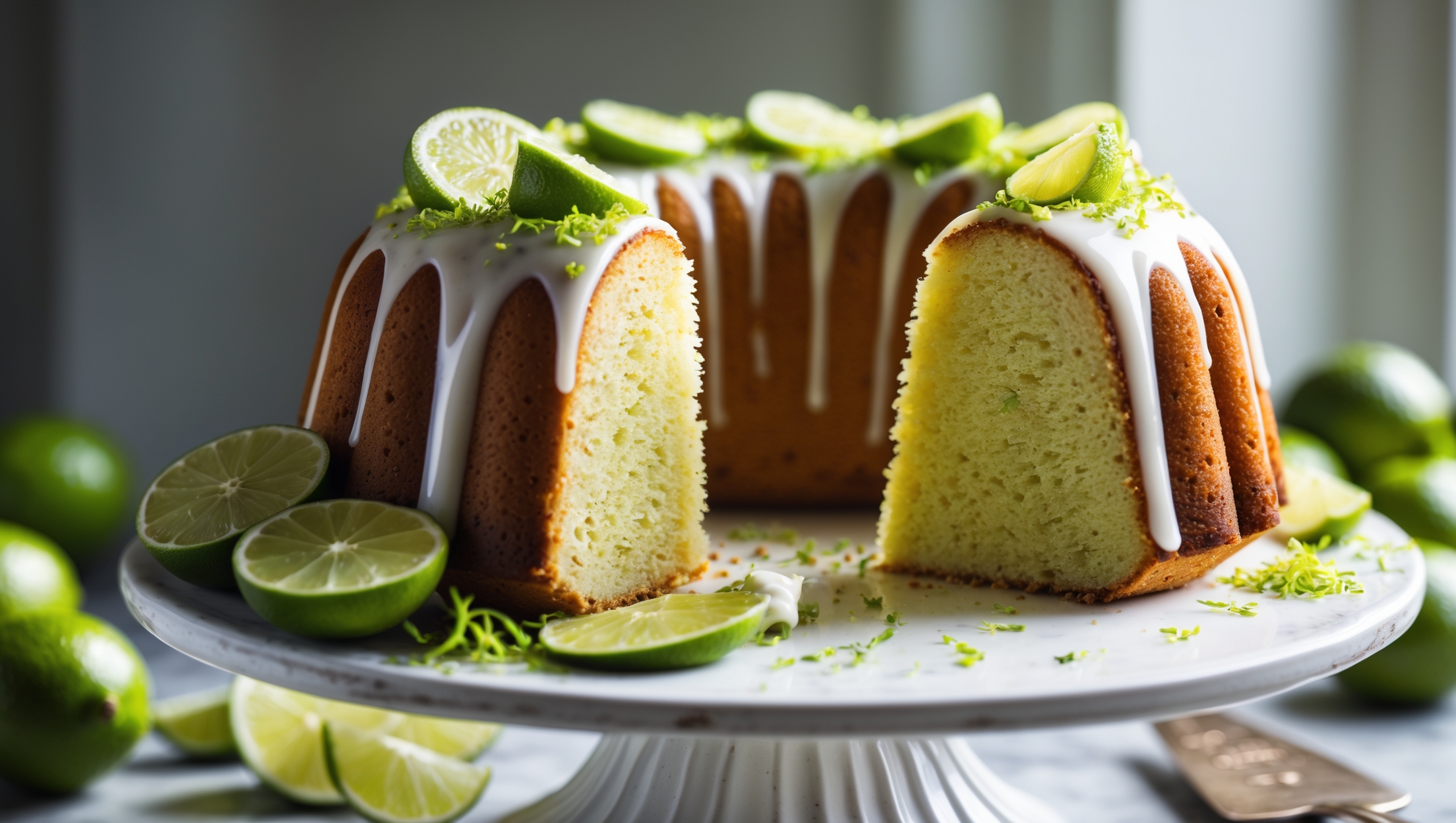 An elevated cross-section view of the Key Lime Bundt Cake showcases its perfect golden-green crumb against a white ceramic cake stand. Soft natural light streams across the scene, highlighting the glistening lime glaze that drips elegantly down the cake's distinctive ridges. In the foreground, thin key lime slices and fresh lime zest add vibrant color contrast, while candied lime pieces decorate the top. The background features blurred fresh key limes and a vintage silver cake server resting nearby. The cake's interior reveals a consistent, moist texture with tiny flecks of lime zest distributed throughout, emphasizing its fresh, citrusy character.