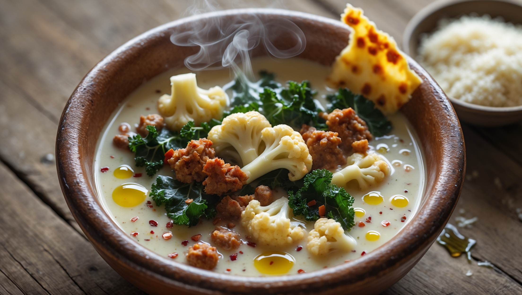 An overhead shot of a rustic earthenware bowl filled with steaming Keto Zuppa Toscana, showcasing the contrasting textures of browned Italian sausage crumbles, tender cauliflower pieces, and curly kale leaves swimming in a velvety cream broth. Golden droplets of olive oil create shimmering pools on the surface, while red pepper flakes add vibrant specks of color. The soup is photographed in soft natural light on a weathered wooden table, accompanied by a small bowl of grated Parmesan and a keto-friendly cheese crisp perched on the rim of the bowl. Steam rises gently, catching the light and highlighting the aromatic nature of this comforting low-carb creation.
