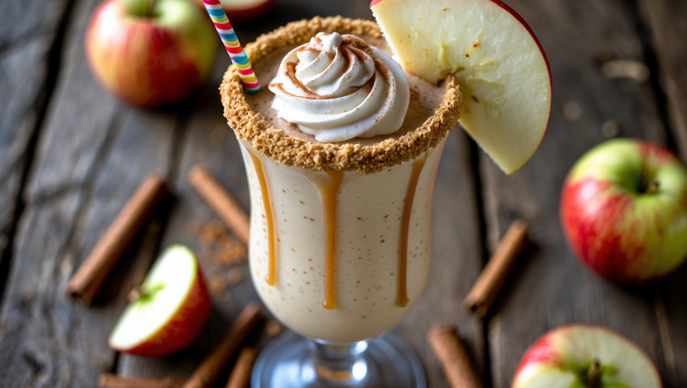 An overhead shot of a tall milkshake glass filled with a creamy, pale golden-beige shake speckled with tiny flecks of cinnamon and apple. The glass features a decorative rim of crushed graham crackers and a swirl of whipped cream on top, crowned with a sprinkle of cinnamon and a fresh apple fan garnish. A colorful paper straw stands in the glass, surrounded by scattered apple slices and cinnamon sticks on a rustic wooden table. The natural daylight highlights the velvety texture of the shake and the caramel drizzle cascading down the sides of the glass, creating a warm, inviting glow that emphasizes the dessert-like indulgence of this alcohol-free treat.
