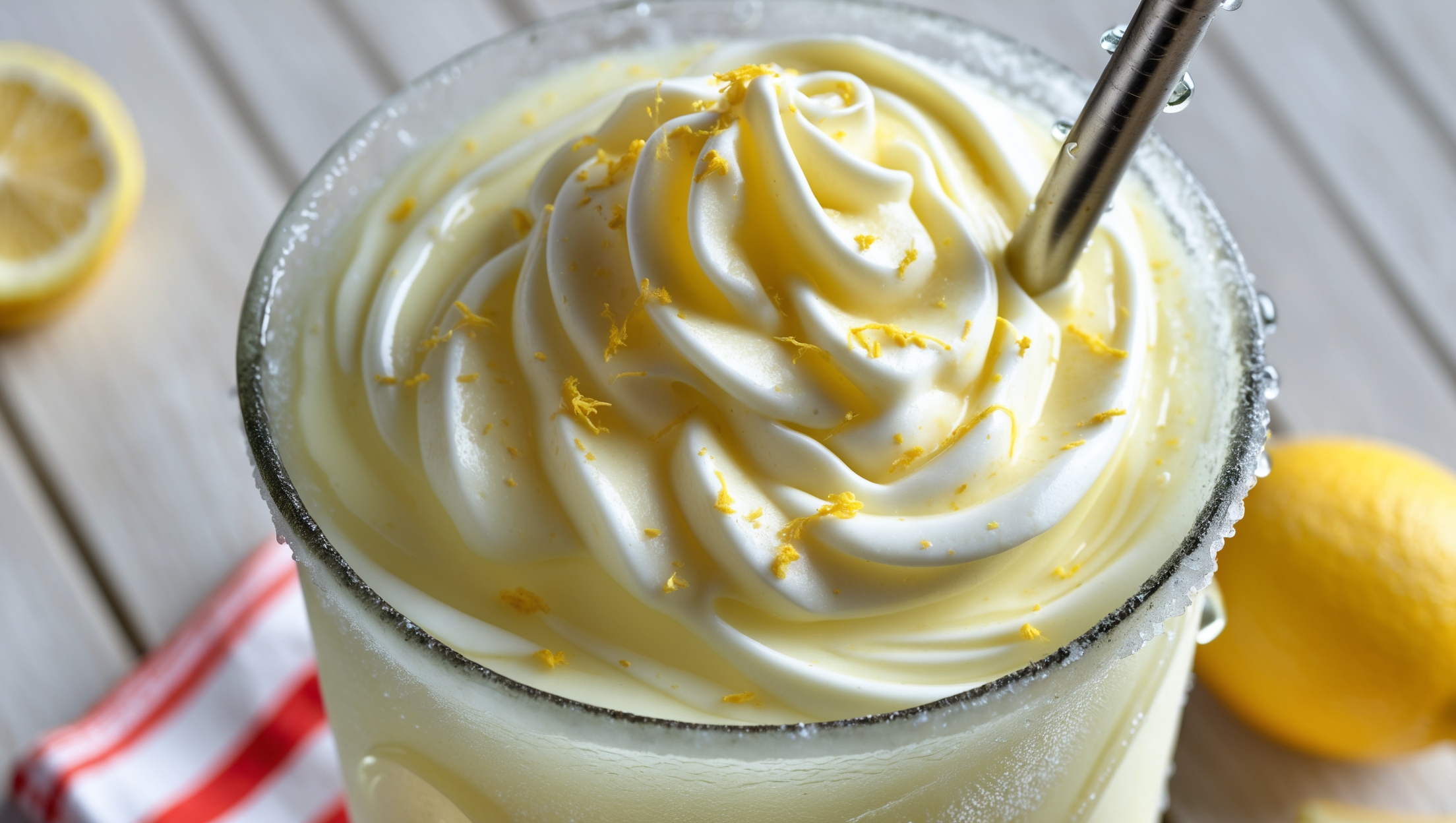 A close-up shot of a frosty glass filled with a pale yellow, creamy frozen lemonade, captured in bright natural daylight. The thick, milkshake-like consistency creates swirls and ripples throughout the drink, with small flecks of lemon zest visible. A metal straw stands in the glass, surrounded by condensation droplets running down the sides. The drink is presented on a light wooden surface with fresh lemon slices and a small Chick-fil-A inspired red and white striped napkin peeking into frame, emphasizing the copycat nature of this refreshing, kid-approved treat.