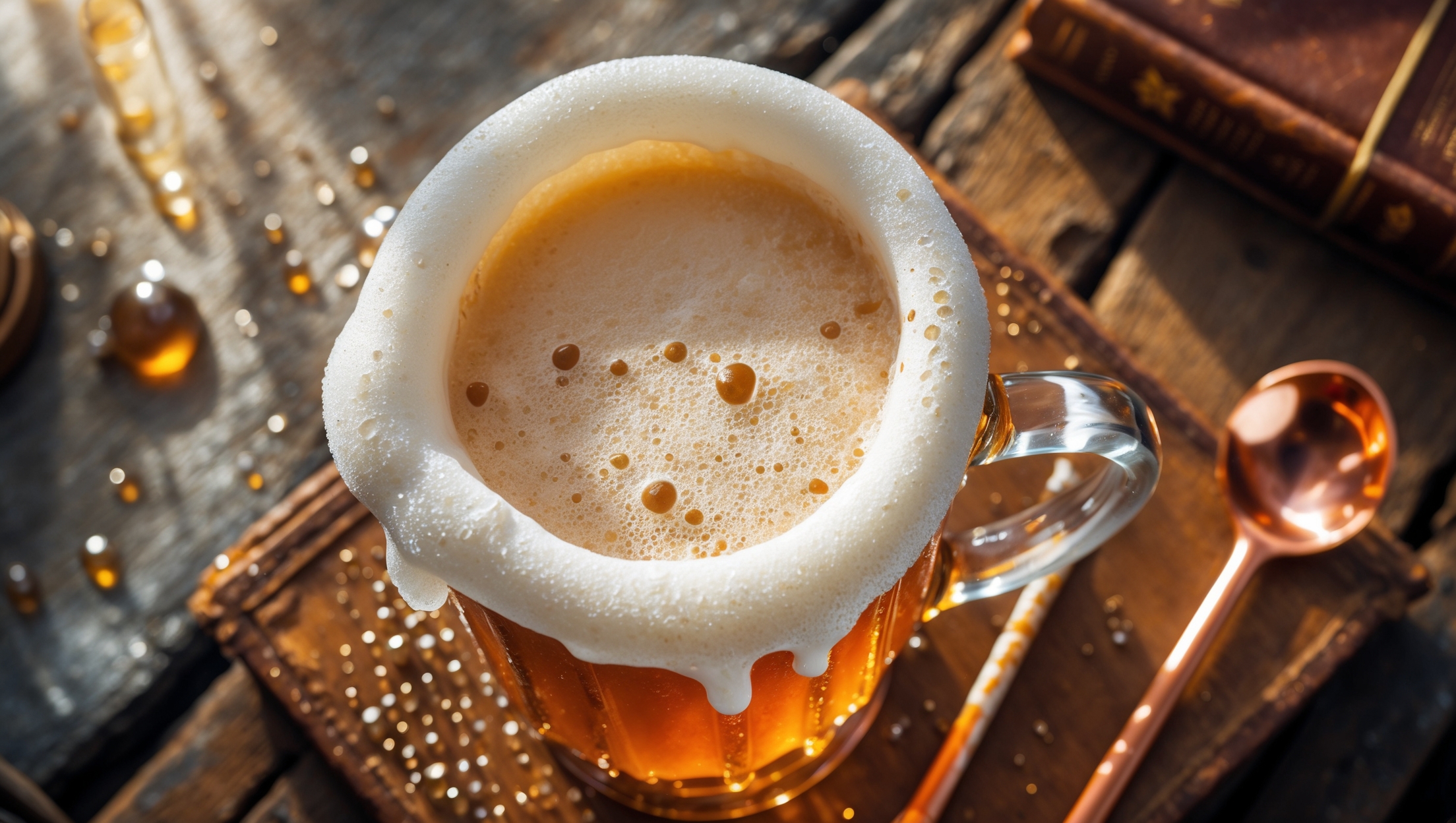 An overhead shot of a frosty glass mug with a generous layer of creamy white foam spilling over the sides, capturing the iconic butterbeer aesthetic. The amber-golden liquid beneath shows tiny bubbles rising through the rich caramel-colored base. Warm daylight streams across the scene, highlighting droplets of condensation on the chilled glass. The drink sits on a rustic wooden table with subtle magical-themed props—a worn leather-bound book and a copper stirring spoon—nearby. The contrast between the frothy white topping and the butterscotch-colored drink creates visual magic, with drizzles of caramel sauce visible along the inside of the glass.