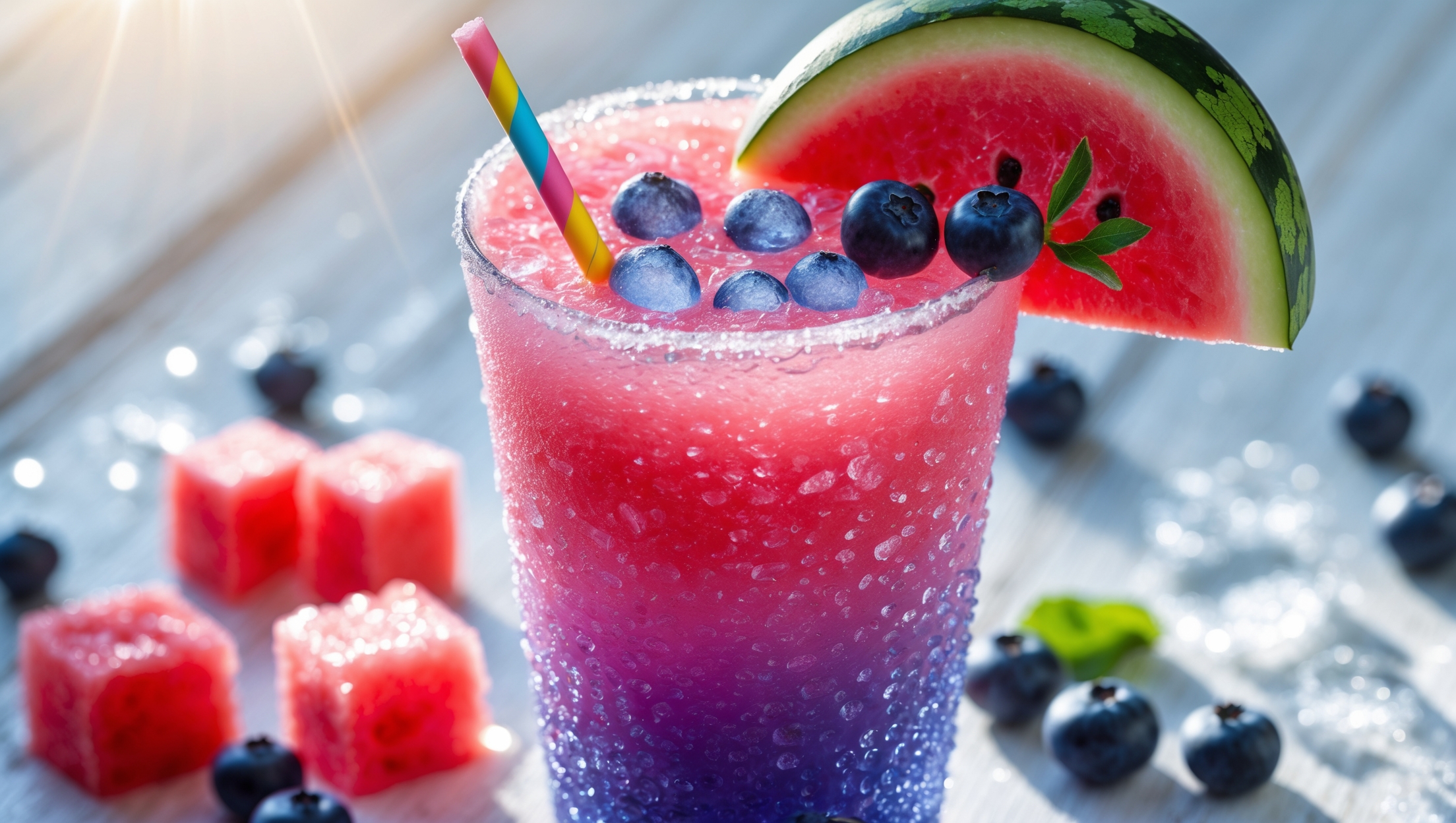A frosty tumbler glass filled with a beautiful gradient from deep purple blueberry at the bottom to bright pink watermelon at the top, captured in bright natural daylight that highlights the icy crystalline texture. The glass rim is adorned with a watermelon wedge and a few fresh blueberries threaded on a colorful paper straw. Condensation beads on the outside of the glass catch the light, while crushed ice creates a sparkling effect throughout the slushie. The drink is photographed on a light wooden surface with scattered fresh blueberries and watermelon cubes in the background, emphasizing its refreshing, summery appeal.