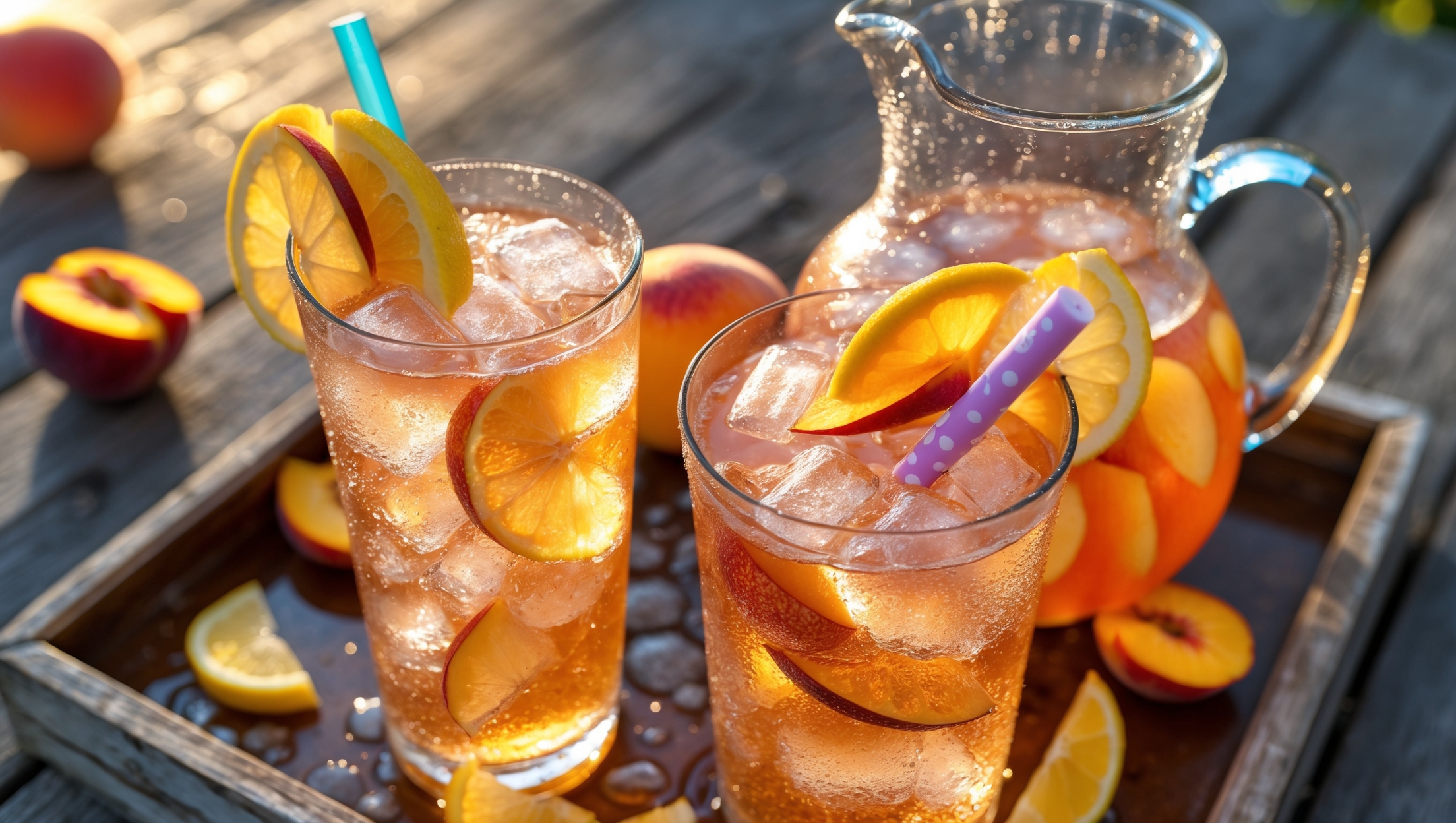 An overhead shot of two tall, clear glasses filled with an amber-peach colored beverage garnished with fresh lemon wheels and peach slices. Ice cubes catch the golden hour light, creating a sparkling effect through the drink. Condensation beads on the glasses suggest refreshing coldness, while a vintage-style pitcher sits nearby half-filled with the same vibrant liquid. A rustic wooden tray holds the arrangement, scattered with fresh peach slices and lemon wedges. Colorful paper straws add a playful touch perfect for the kid-friendly theme, while the background shows a sun-dappled patio setting suggesting outdoor summer enjoyment.