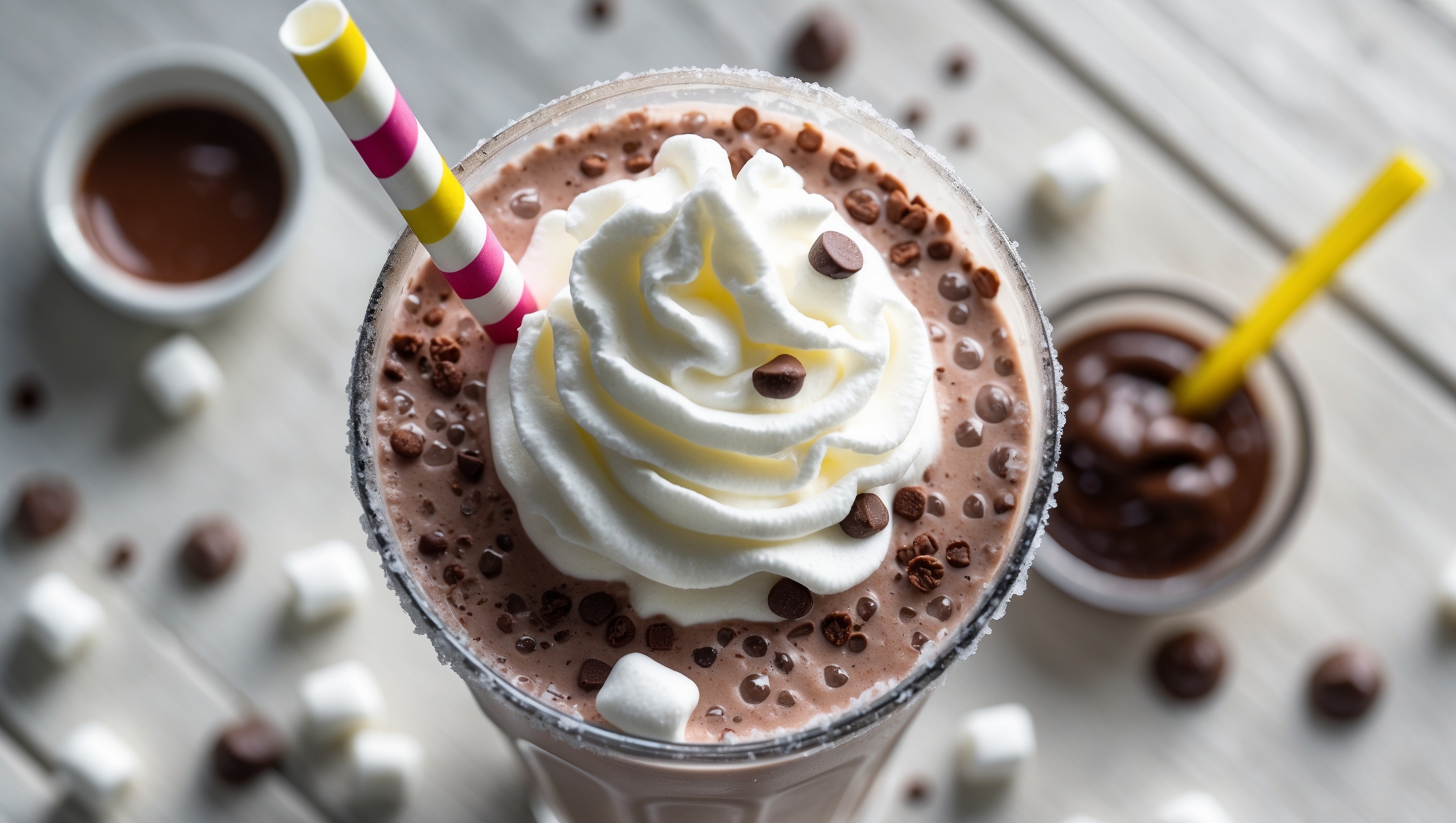 An overhead shot of a frosty Kid-Friendly Frozen Hot Chocolate served in a clear milkshake glass with a playful swirl of fresh whipped cream on top. Bright natural light streams across the scene, highlighting chocolate shavings scattered over the cream and tiny chocolate chips dotting the rim. A colorful paper straw stands tall in the thick, rich chocolate mixture, which shows beautiful frosty texture and tiny ice crystals. Beside the glass, a small dish of chocolate sauce and mini marshmallows adds context and color contrast against a light wooden table surface, suggesting a fun, kid-friendly treat perfect for summer enjoyment.