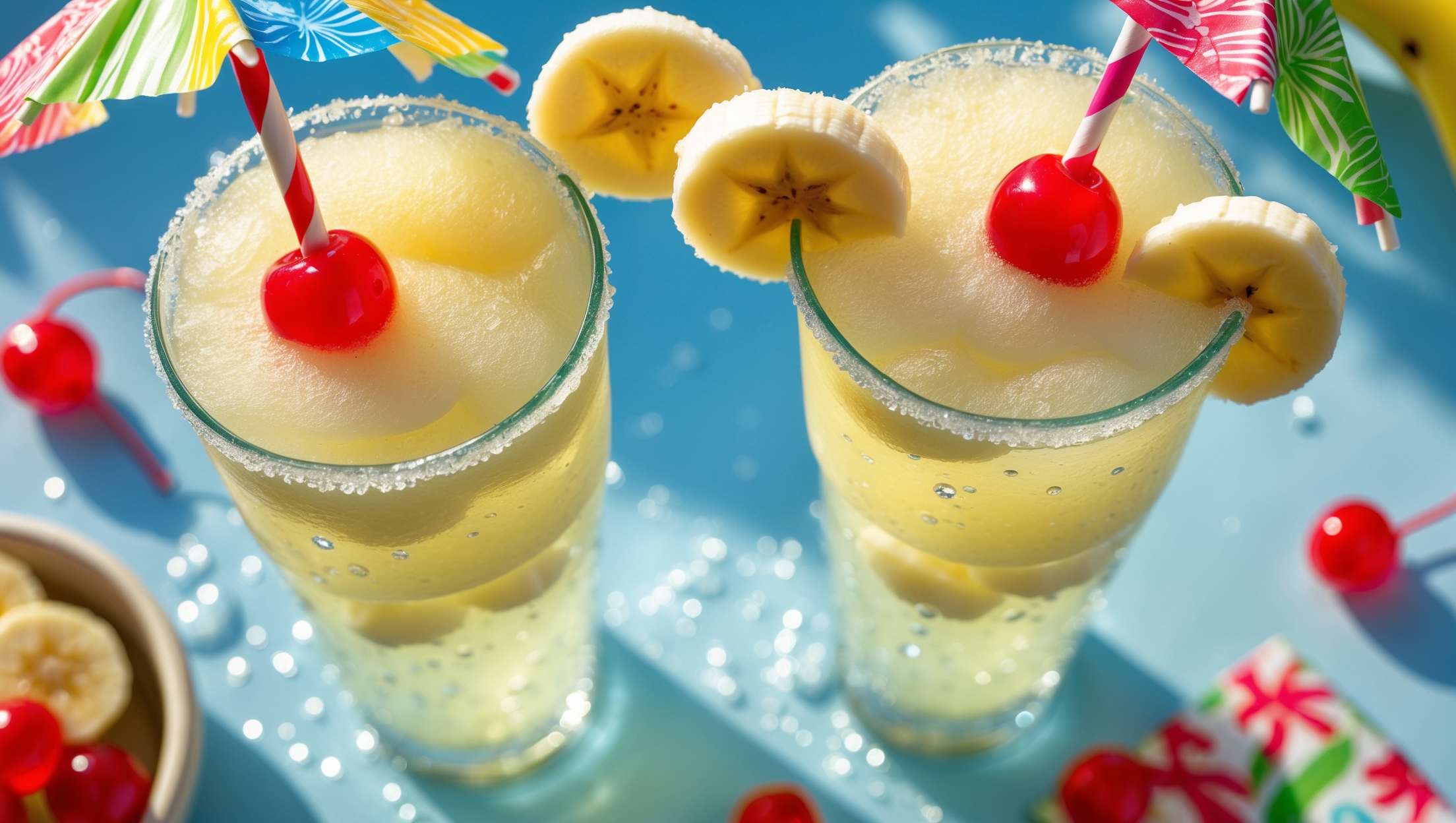 An overhead shot of two Kid-Friendly Banana Slush Punch mocktails in tall clear glasses under bright natural daylight. The drinks showcase beautiful layers - a pale yellow frozen banana slush floating atop the fizzy, slightly bubbling lemon-lime soda. Fresh banana slices are positioned artfully on the rim of each glass, with bright red maraschino cherries adding a pop of contrast. Condensation beads on the outside of the glasses suggest refreshing coldness, while colorful paper straws and decorative umbrellas hint at a festive occasion. The drinks are arranged on a light blue surface with scattered tropical-themed cocktail napkins and a small bowl of extra banana slices visible in the corner.