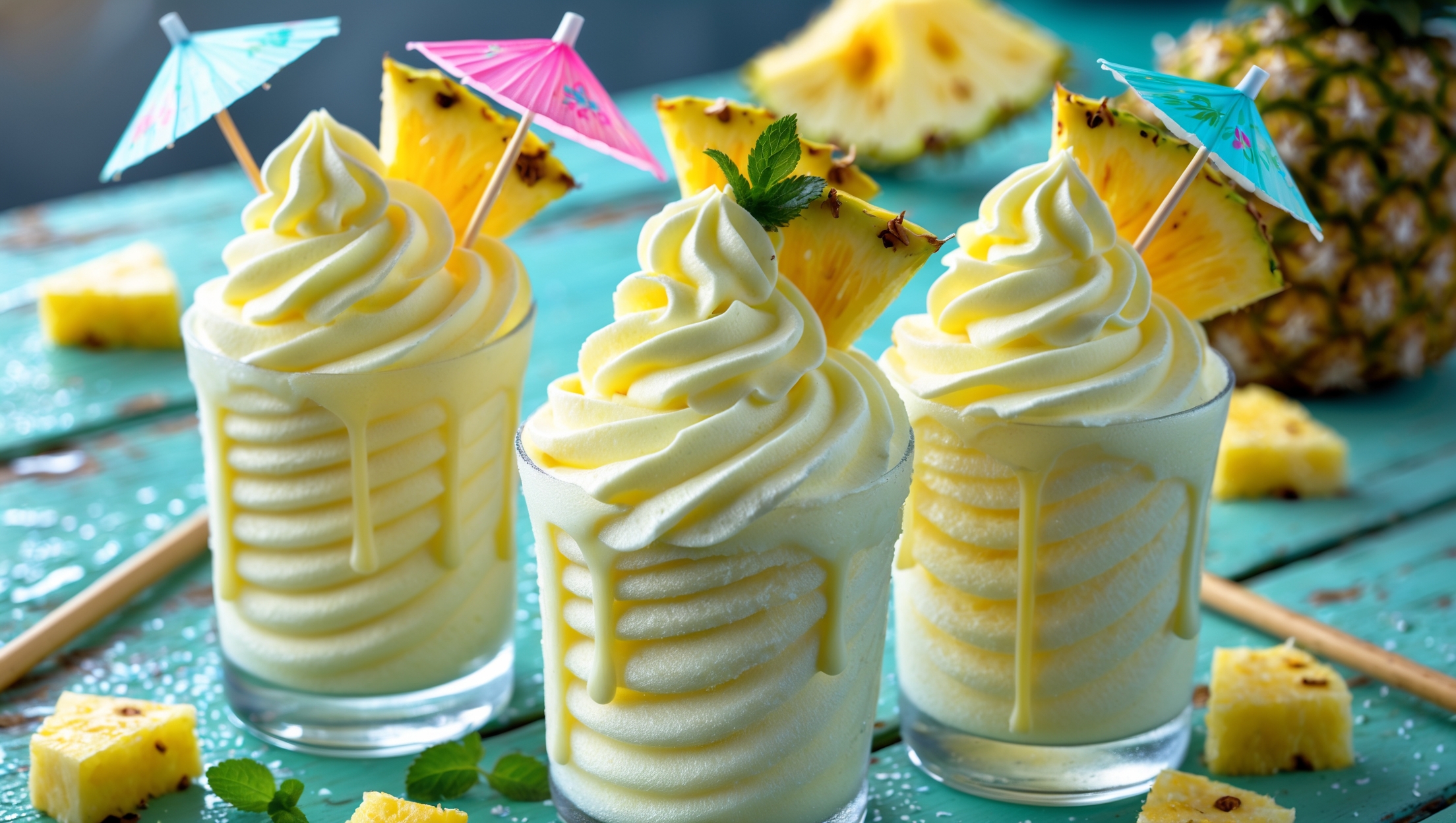 A frosty swirled pale yellow pineapple whip served in clear hurricane glasses against bright natural daylight, showing its soft-serve consistency. Small drips of melting whip create beautiful trails down the sides, topped with fresh pineapple wedges and tiny colorful paper umbrellas. The background features scattered pineapple chunks on a distressed wooden table with visible condensation on the glass surface, highlighting the drink's refreshing coldness. A tiny mint sprig adds a pop of vibrant green against the sunny yellow whip, with a bamboo straw peeking out from the creamy swirl.