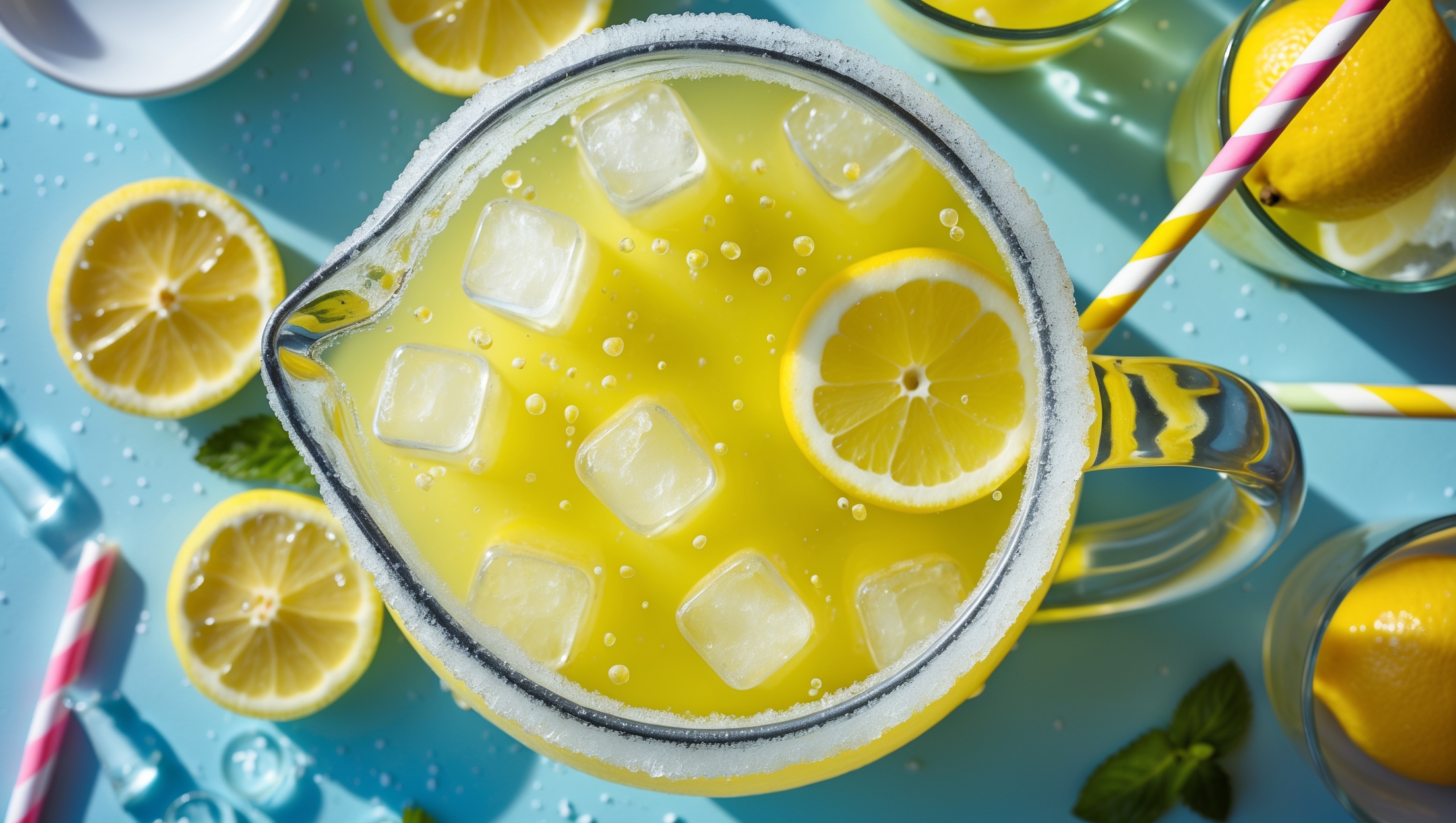 Overhead shot of a frosted pitcher of bright yellow lemonade catching natural daylight, surrounded by halved lemons and colorful paper straws. Close-up reveals tiny bubbles clinging to ice cubes and lemon wheels floating on the surface. The vibrant yellow liquid contrasts beautifully against a light blue surface, with condensation droplets running down the sides of clear glasses filled with crushed ice. A small bowl of sugar and fresh mint sprigs sit nearby, suggesting the sweet-aromatic balance of this family-friendly refreshment.