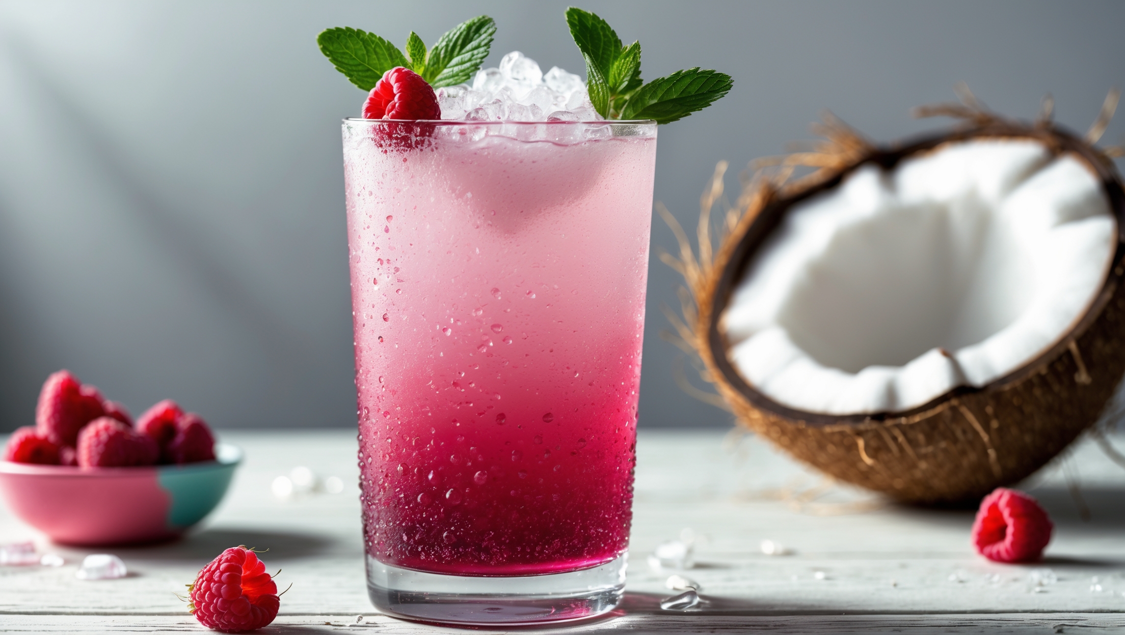 A tall, clear glass filled with a gradient pink mocktail transitioning from deep raspberry at the bottom to a lighter pink at the top, topped with crushed ice and garnished with fresh raspberries and a mint sprig. The glass has condensation beading on its exterior, suggesting refreshing coldness, while natural daylight streams through the drink highlighting its vibrant color. In the background, a small bowl of fresh raspberries and a half-cut coconut create context, all arranged on a light wooden table that complements the tropical yet kid-friendly aesthetic.