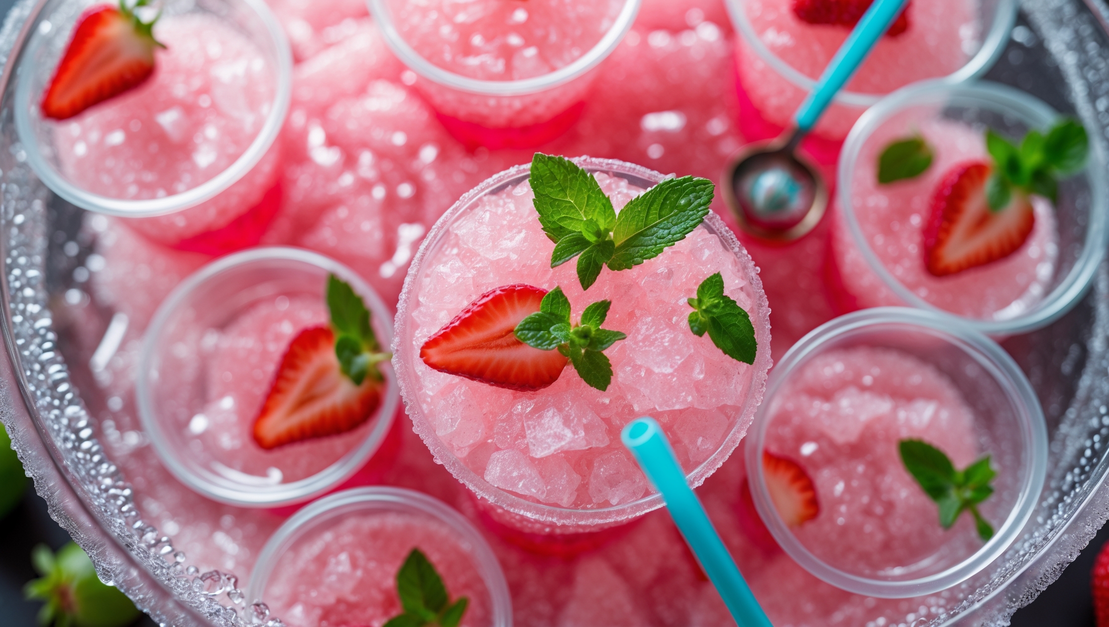 An overhead shot of a frosty crystal punch bowl filled with pastel pink slush punch, captured in bright natural daylight. Close-up details reveal the delightful texture of partially frozen fruit juices with tiny ice crystals glistening throughout. Several child-friendly clear plastic cups with colorful straws are arranged around the bowl, each filled with the icy pink concoction. Garnishes of fresh strawberry slices and mint leaves float on top, creating a striking color contrast against the pink slush. Condensation beads on the outside of the bowl suggest refreshing coolness while small serving ladles rest nearby, ready for guests to help themselves to this vibrant, kid-approved summer treat.